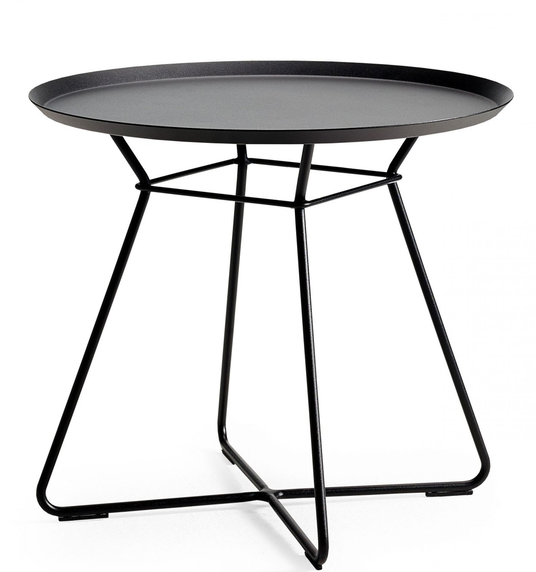 Schwarzer Leya Couchtisch von Freifrau Manufaktur mit runder Tischplatte und filigranem Metallgestell.