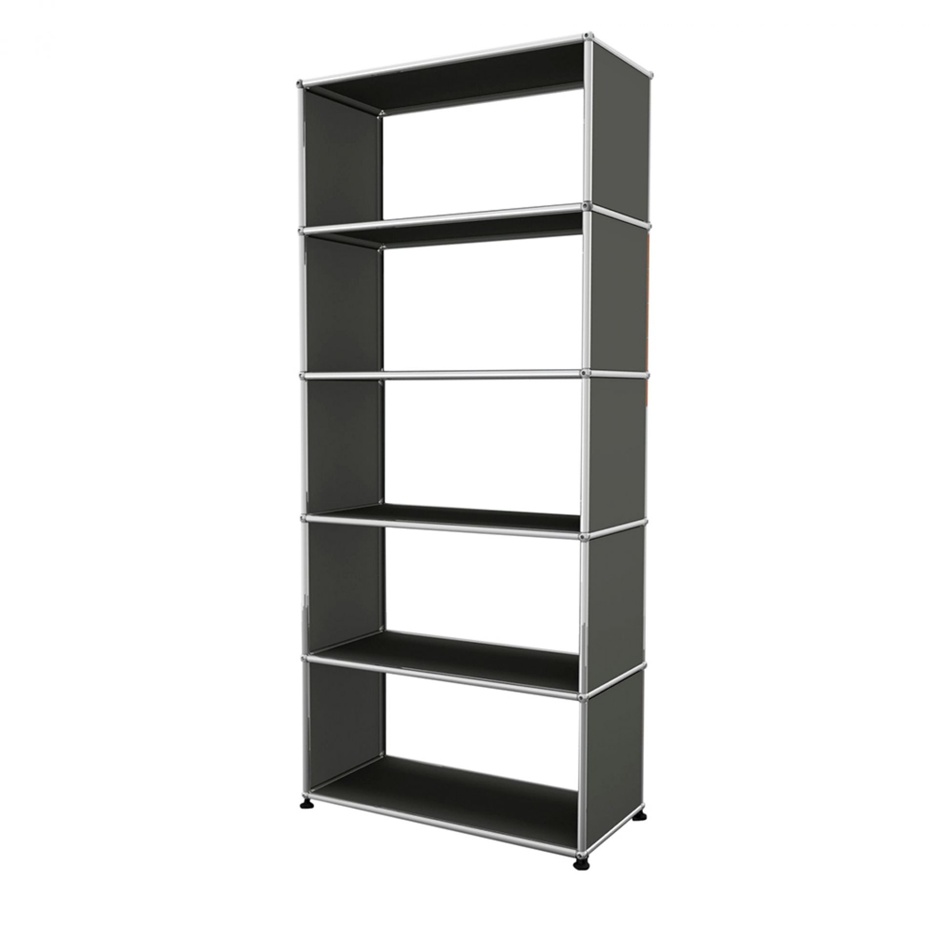 Anthrazitgraues USM Haller Regal mit fünf offenen Fächern und verchromtem Gestell, modernes modulares Design.