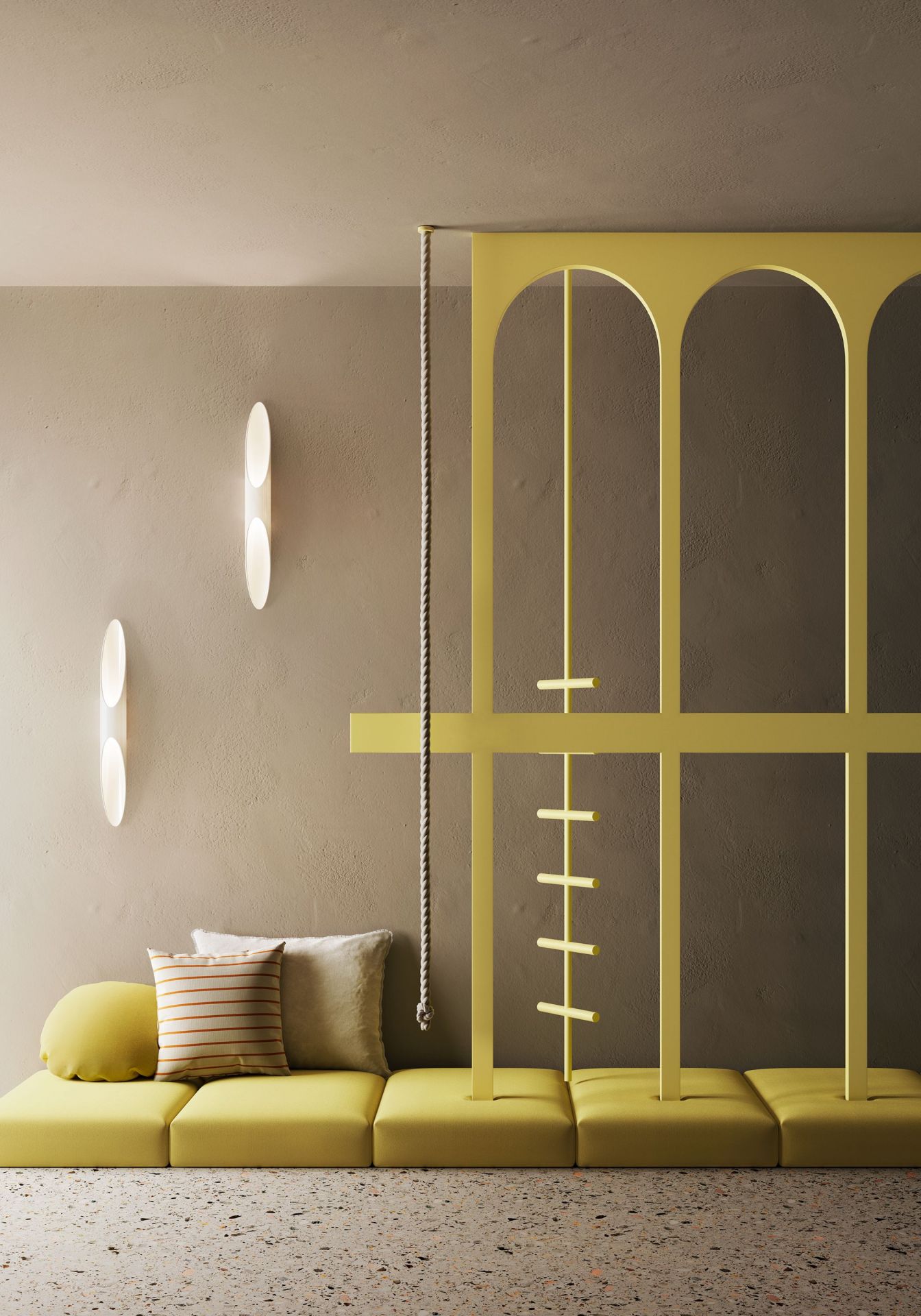 Gelbe Shakti Stehleuchte von Kdln mit Leiter und Seil neben Sofa und Wandleuchten.