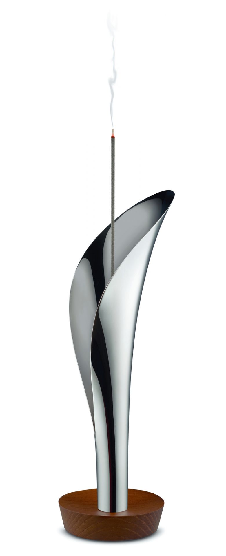 MW71 Alessi Räucherstäbchenhalter aus poliertem Edelstahl mit Holzfuß und brennendem Räucherstäbchen.