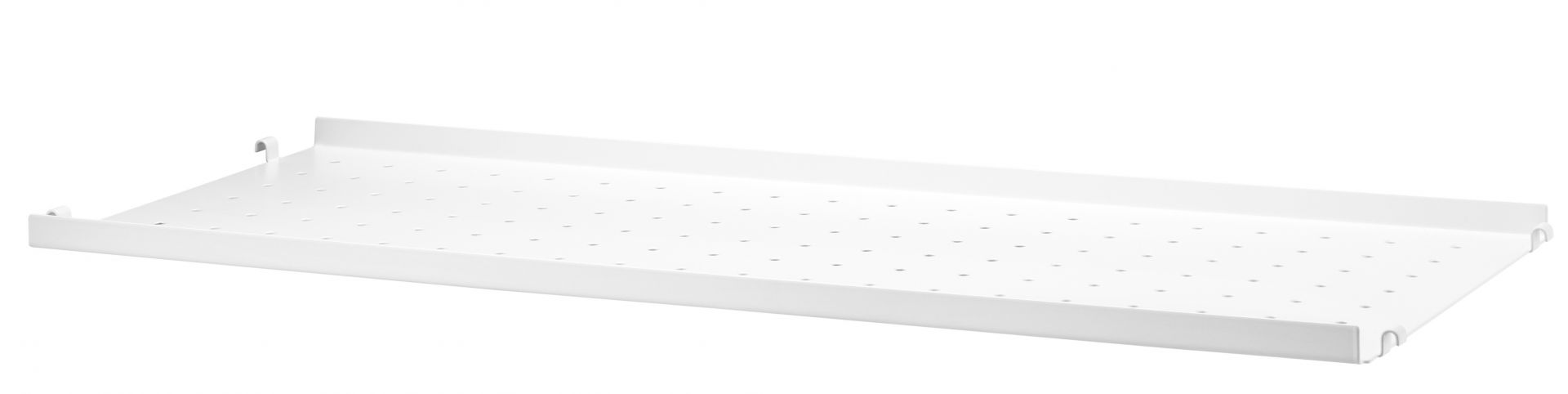 Weißer String Regalboden aus Metall, 78 cm breit, mit niedriger Kante und Lochmuster.