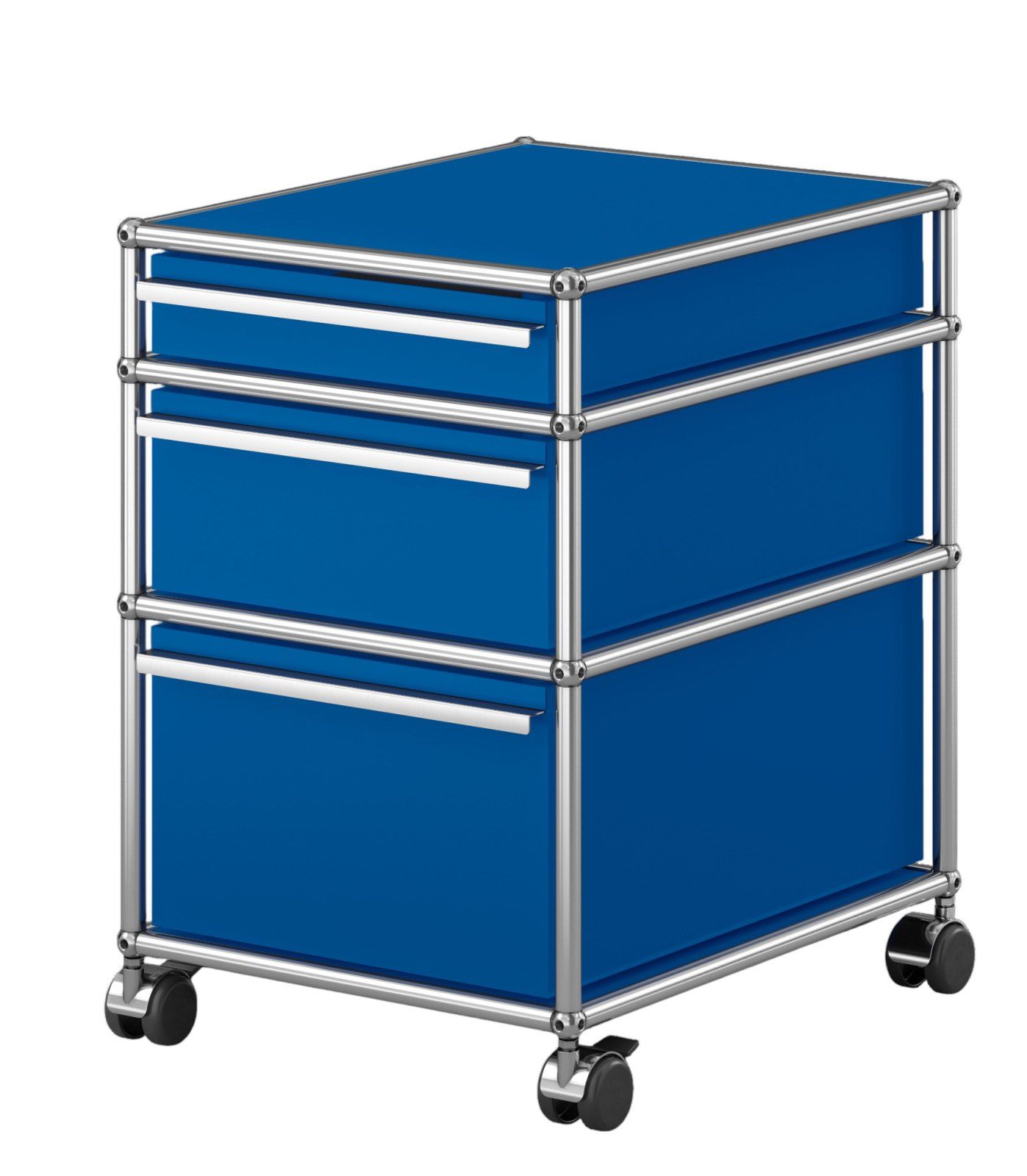 USM Haller Rollcontainer in Enzianblau mit drei Schubladen und silbernem Gestell auf Rollen.