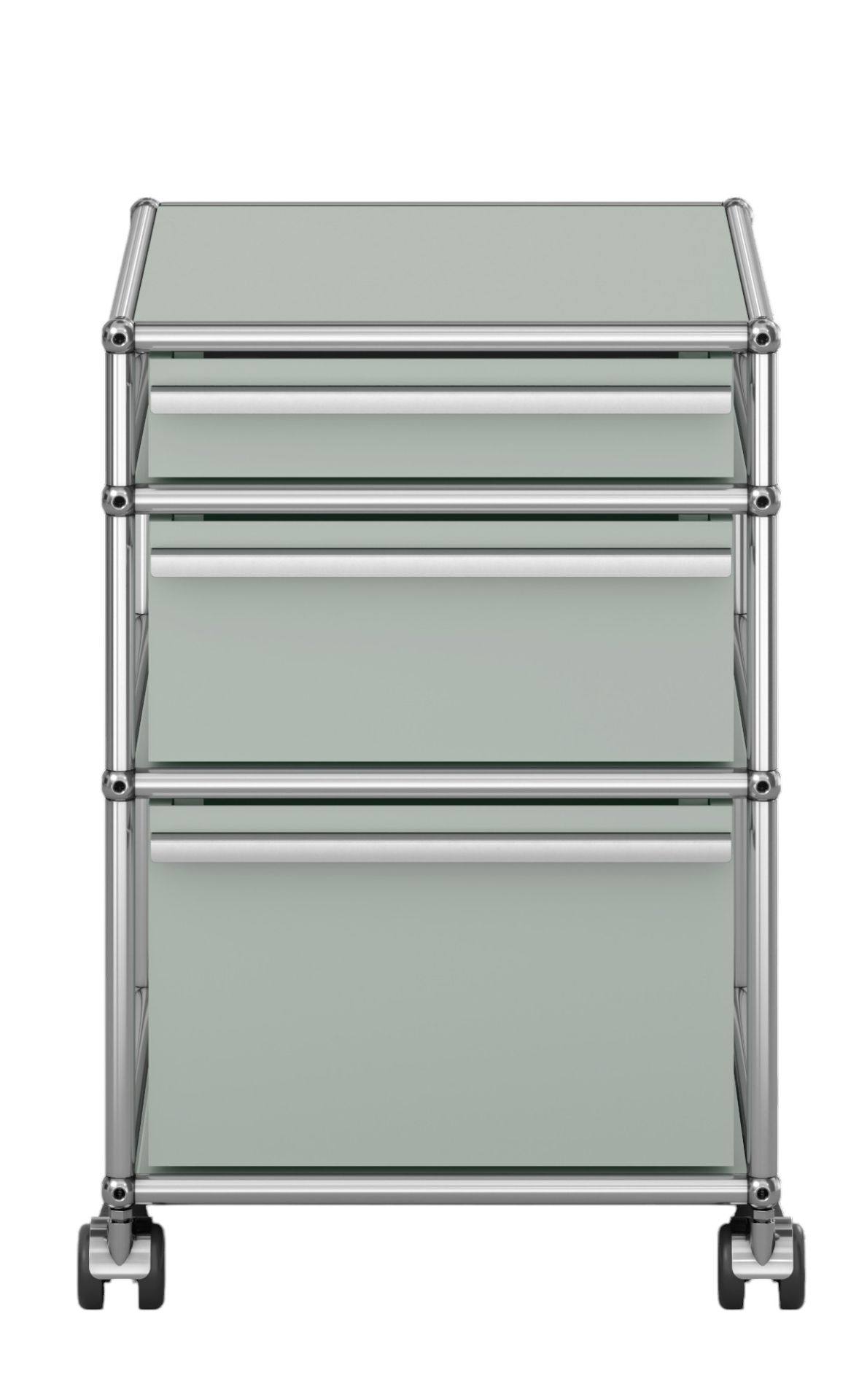USM Haller Rollcontainer mit drei Schubladen in Lichtgrau, modernes Design für Büro und Zuhause.