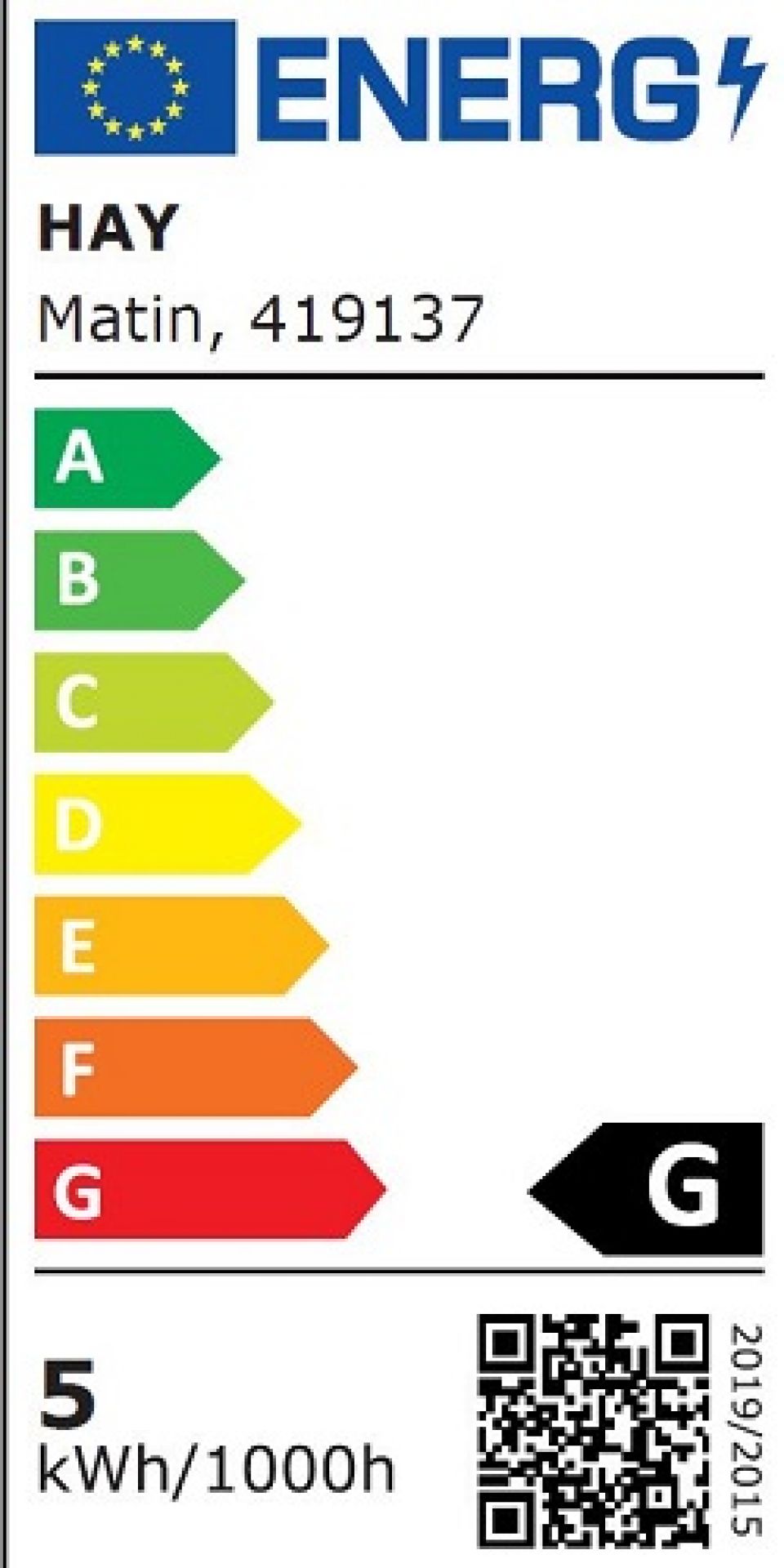 Energielabel der Hay Matin Tischleuchte mit Effizienzklasse G und Verbrauchsinformationen.