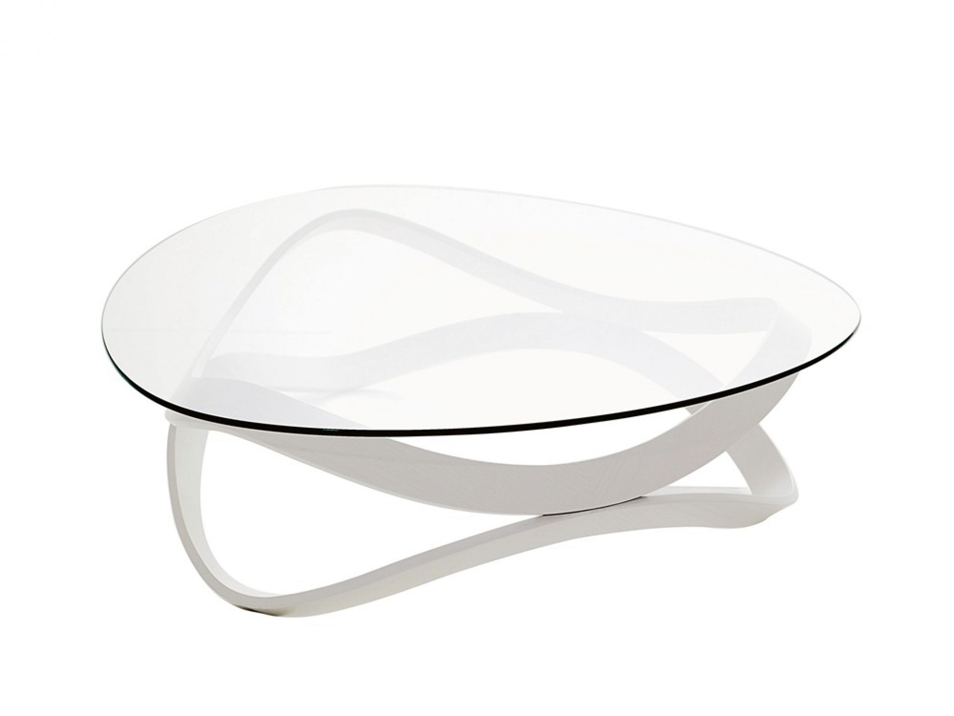 Newton Sofatisch von Karl Andersson & Soener: Runder Couchtisch mit Glasplatte und weißem Untergestell.