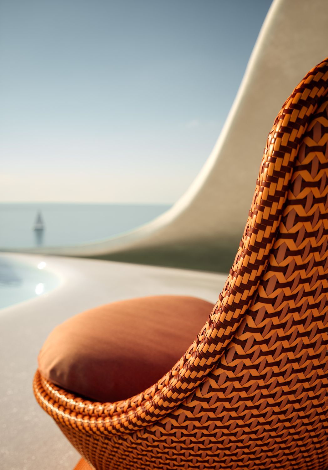 Detailansicht: Papyon Hocker mit orangefarbenem Sitzkissen, geflochtenes Design für Garten und Terrasse.