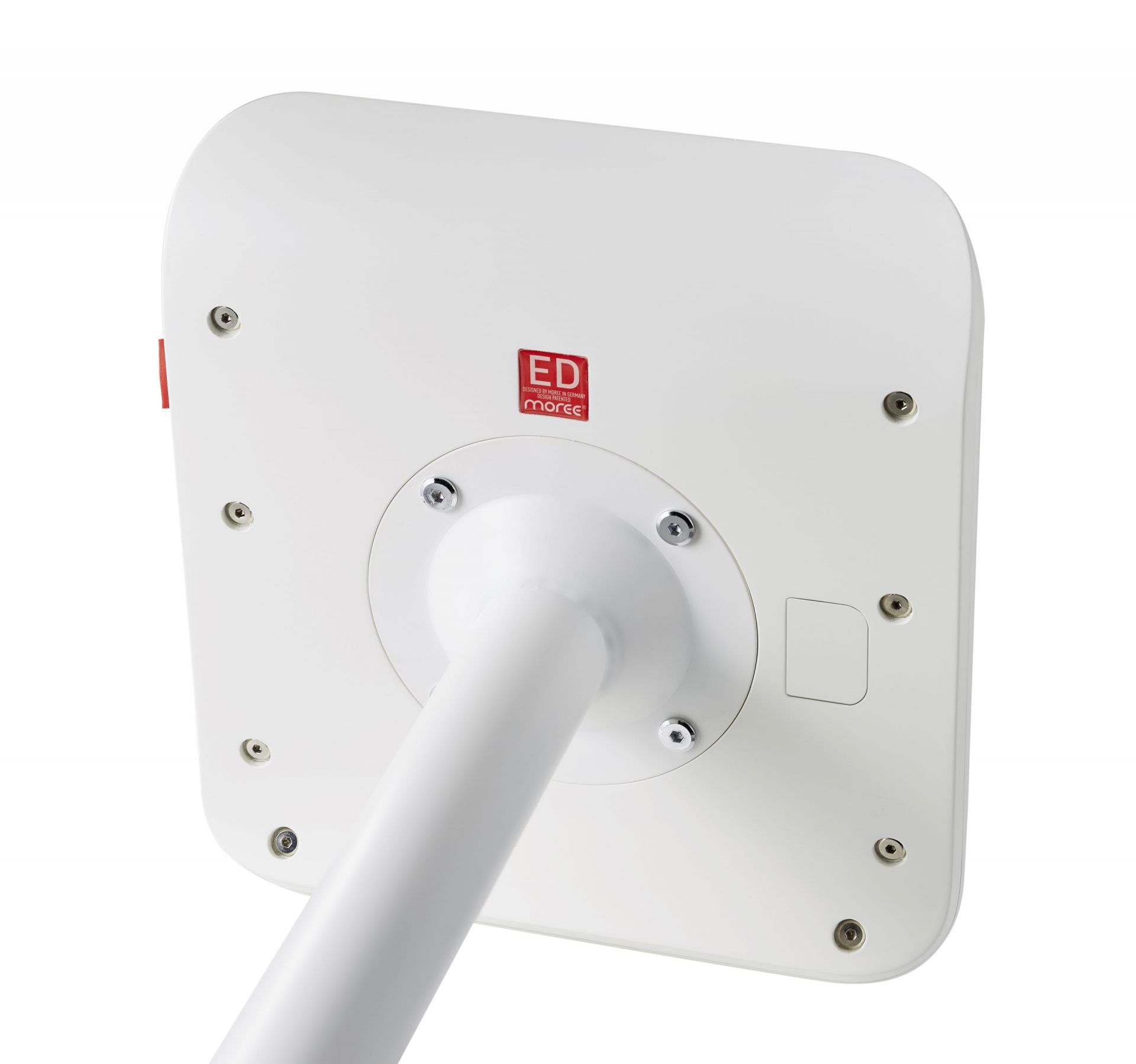 Detailansicht der Unterseite des weißen ED Barhockers von Moree mit Befestigungselementen.