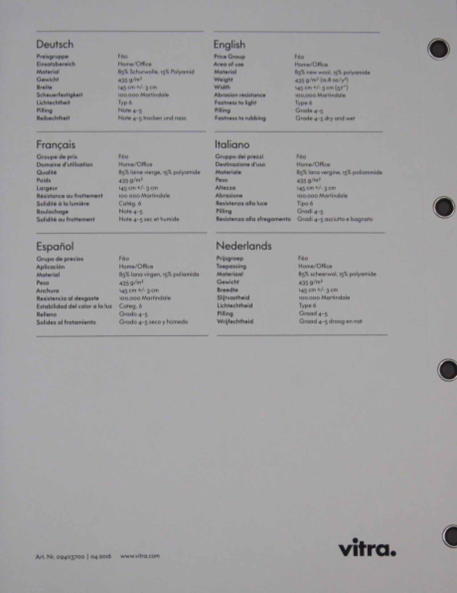 Stoffmusterkarte Volo Vitra: Detailansicht der technischen Daten und Eigenschaften des hochwertigen Möbelstoffs.