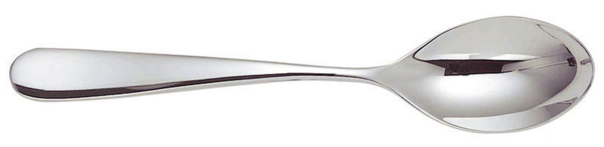 Nahaufnahme eines glänzenden Esslöffels aus der Alessi Nuovo Milano Besteckgarnitur.