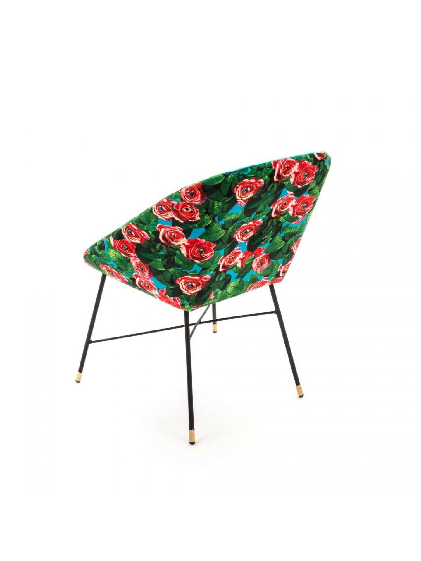 Toiletpaper Polsterstuhl Roses blue von Seletti, moderner Sessel mit Rosenmuster und schwarzen Beinen, Rückansicht.
