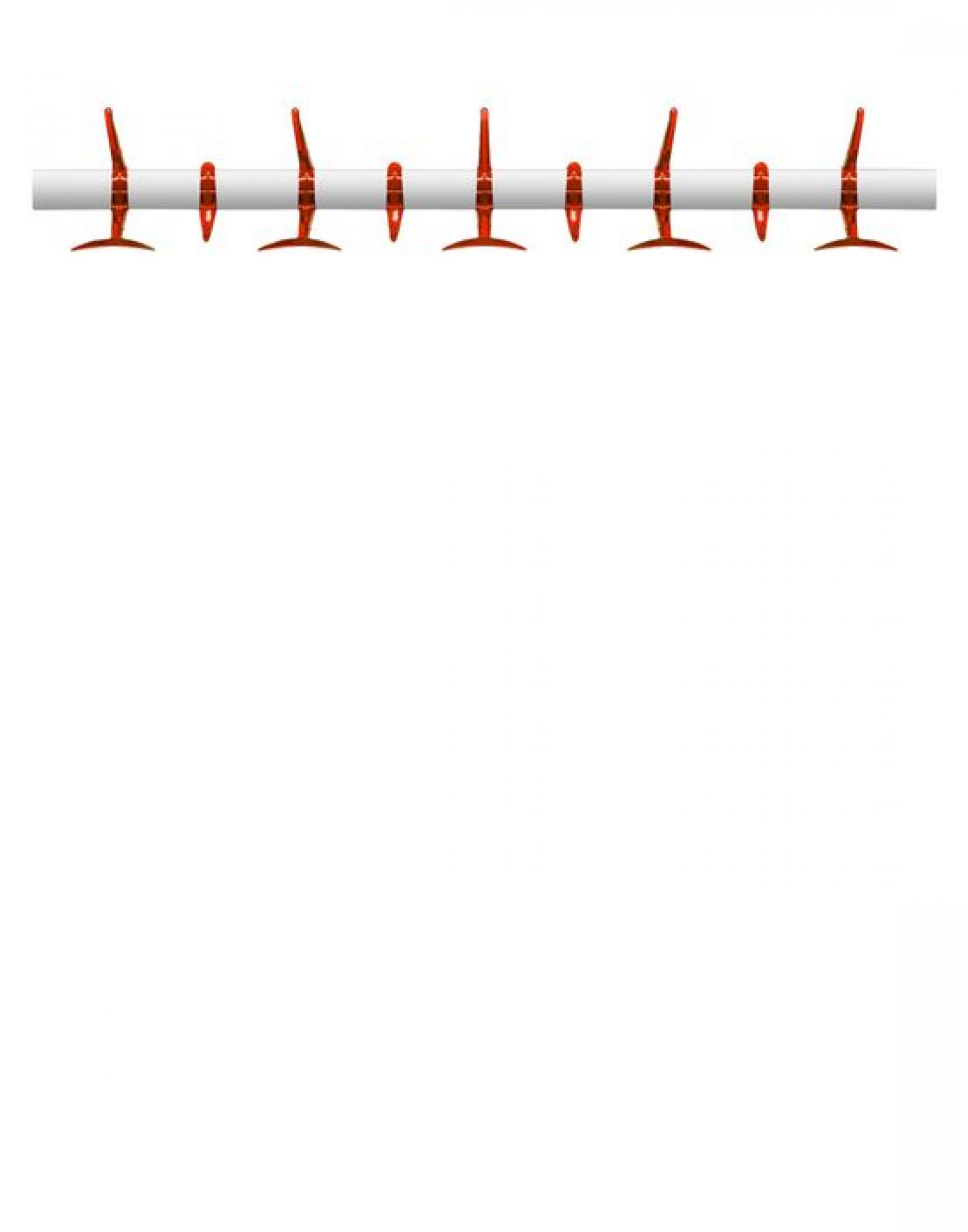 Helle Kartell Wandgarderobe Hanger mit roten Kleiderhaken an einer weißen Stange, moderne Garderobenlösung.