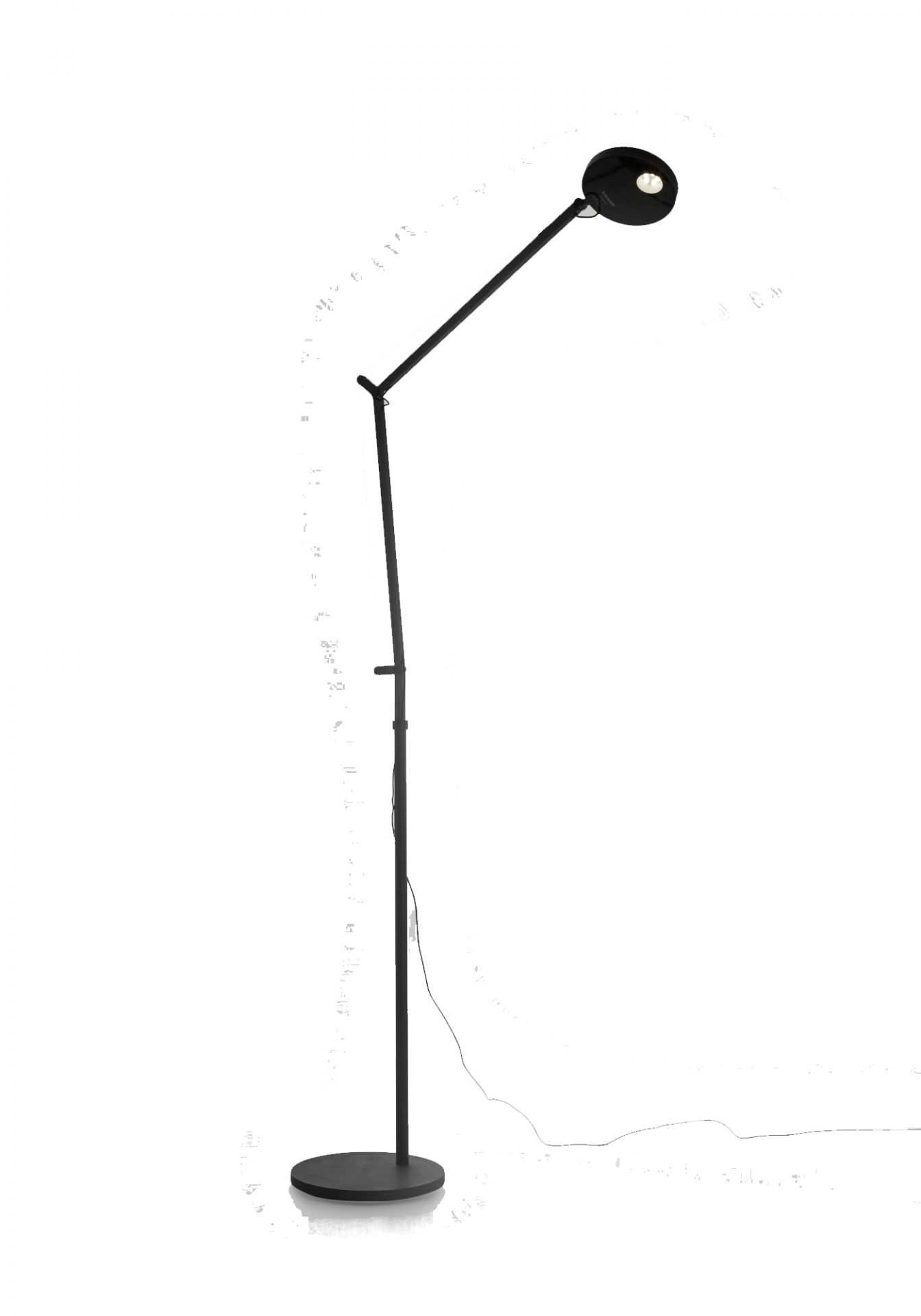 Schwarze Demetra Leseleuchte von Artemide: Moderne Stehlampe mit verstellbarem Arm und rundem Leuchtenkopf.