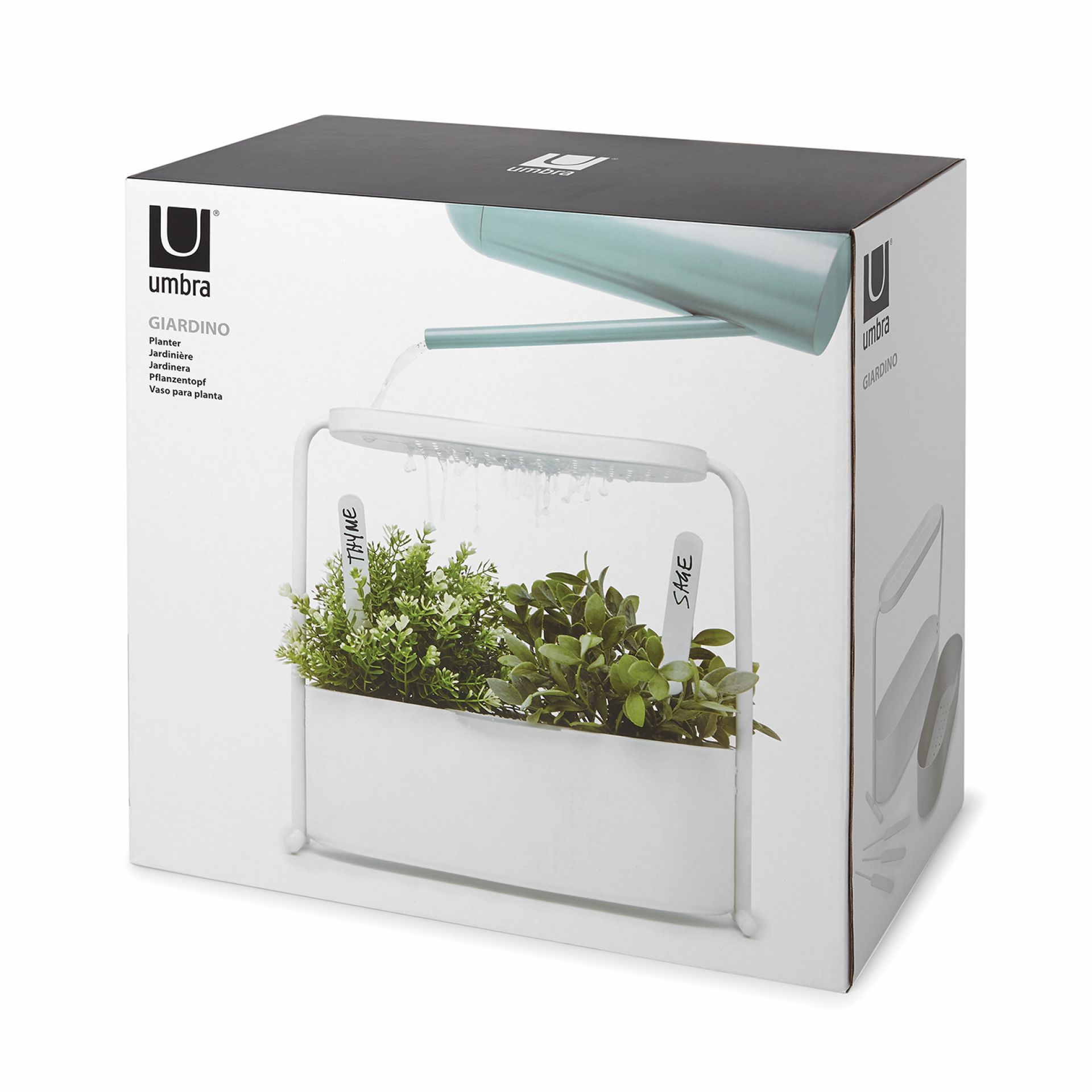 Verpackung des Giardino Planter Kräutertopf Umbra, ein automatischer Indoor-Kräutergarten für Küche und Fensterbank.