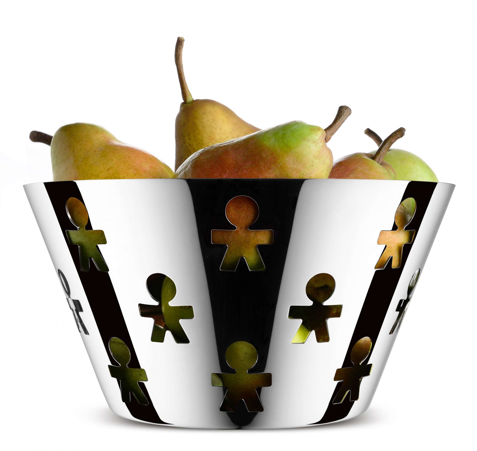 Gefüllte Alessi Girotondo Obstschale aus Edelstahl mit ausgestanzten Männchen-Motiven, moderne Tischdekoration.