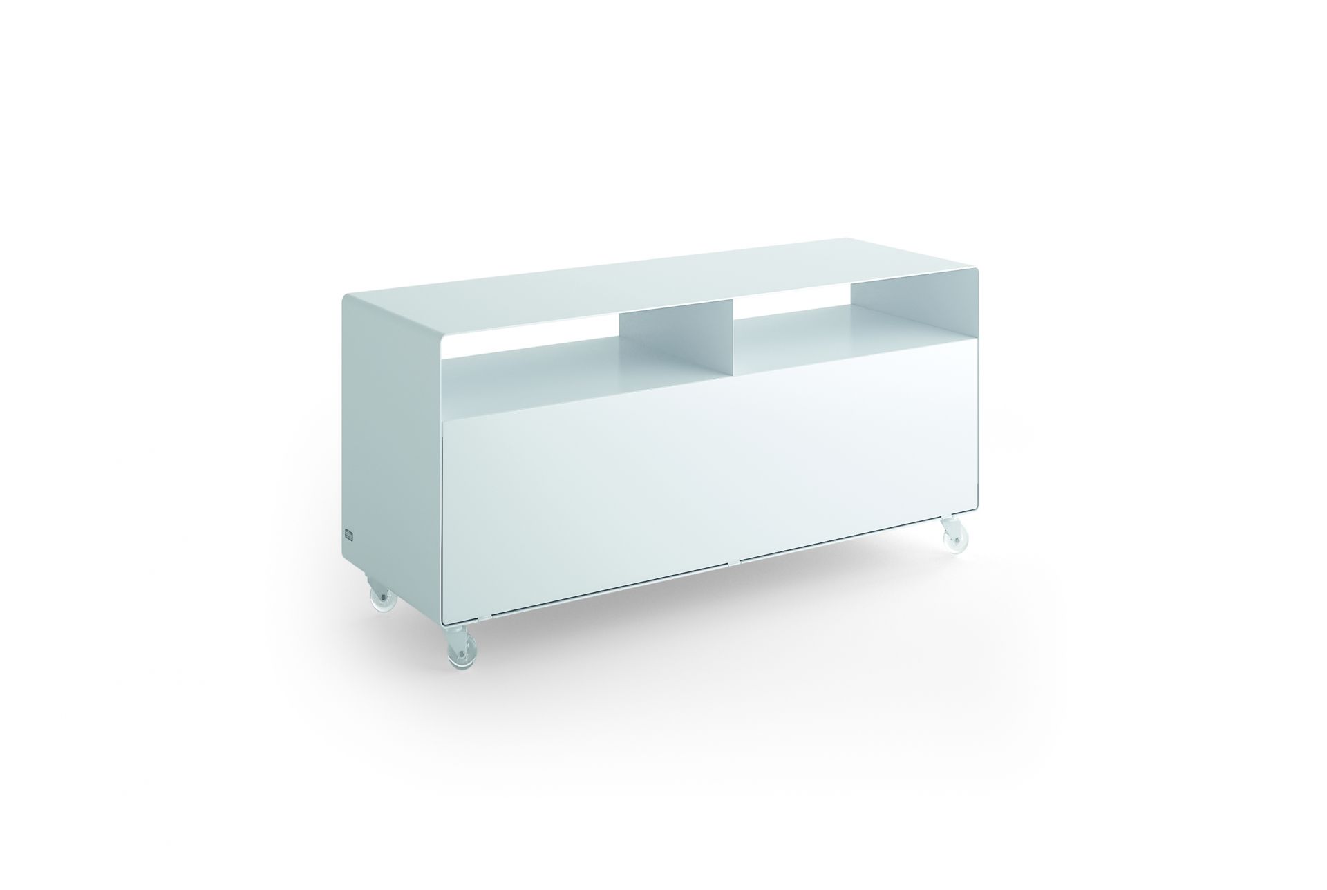 Weißes R 108N Sideboard von Müller Möbelfabrikation mit Rollen, modernes Möbelstück für Wohnzimmer und Büro.