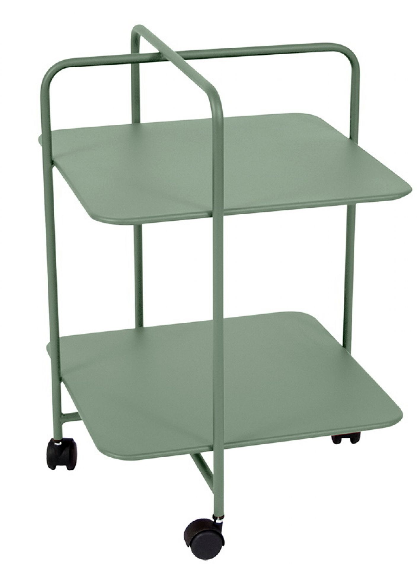 Grüner Alfred Beistelltisch von Fermob für den Außenbereich mit zwei Ablageflächen und Rollen.