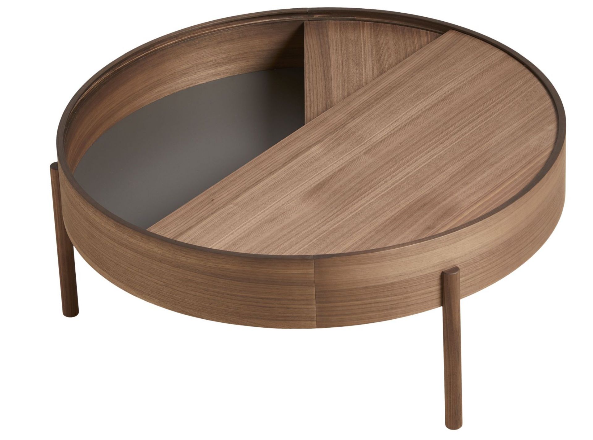 Arc Coffee Table von Woud, runder Couchtisch aus Walnussholz mit Stauraum.