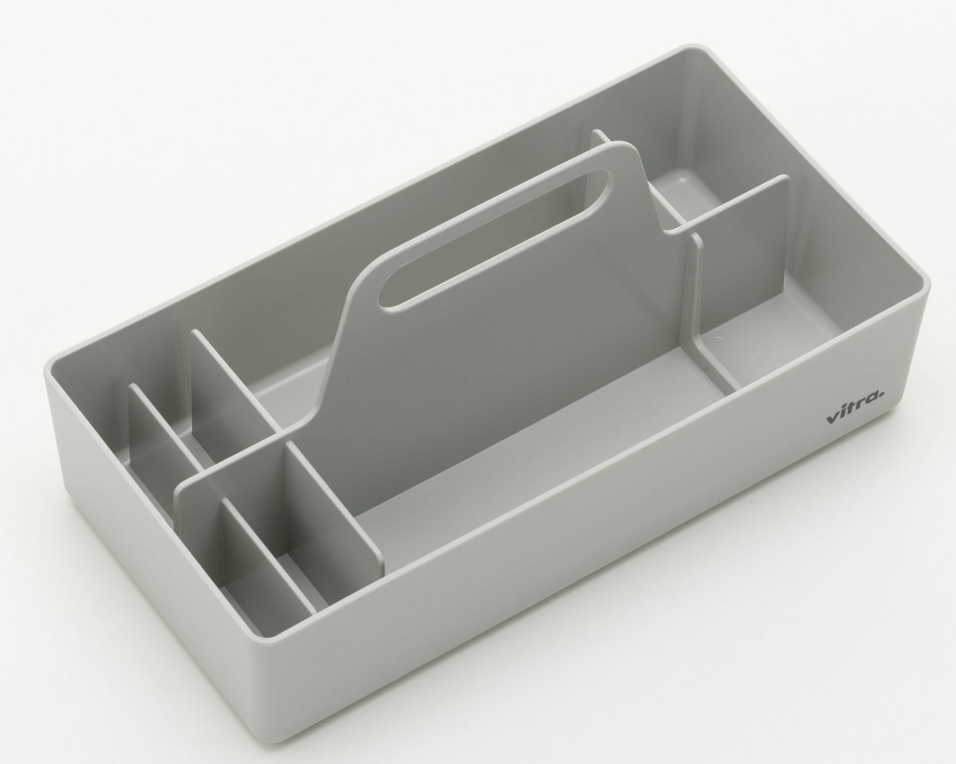 Vitra Toolbox RE, graue Organisationsbox mit Fächern und Tragegriff für Büro und Zuhause.