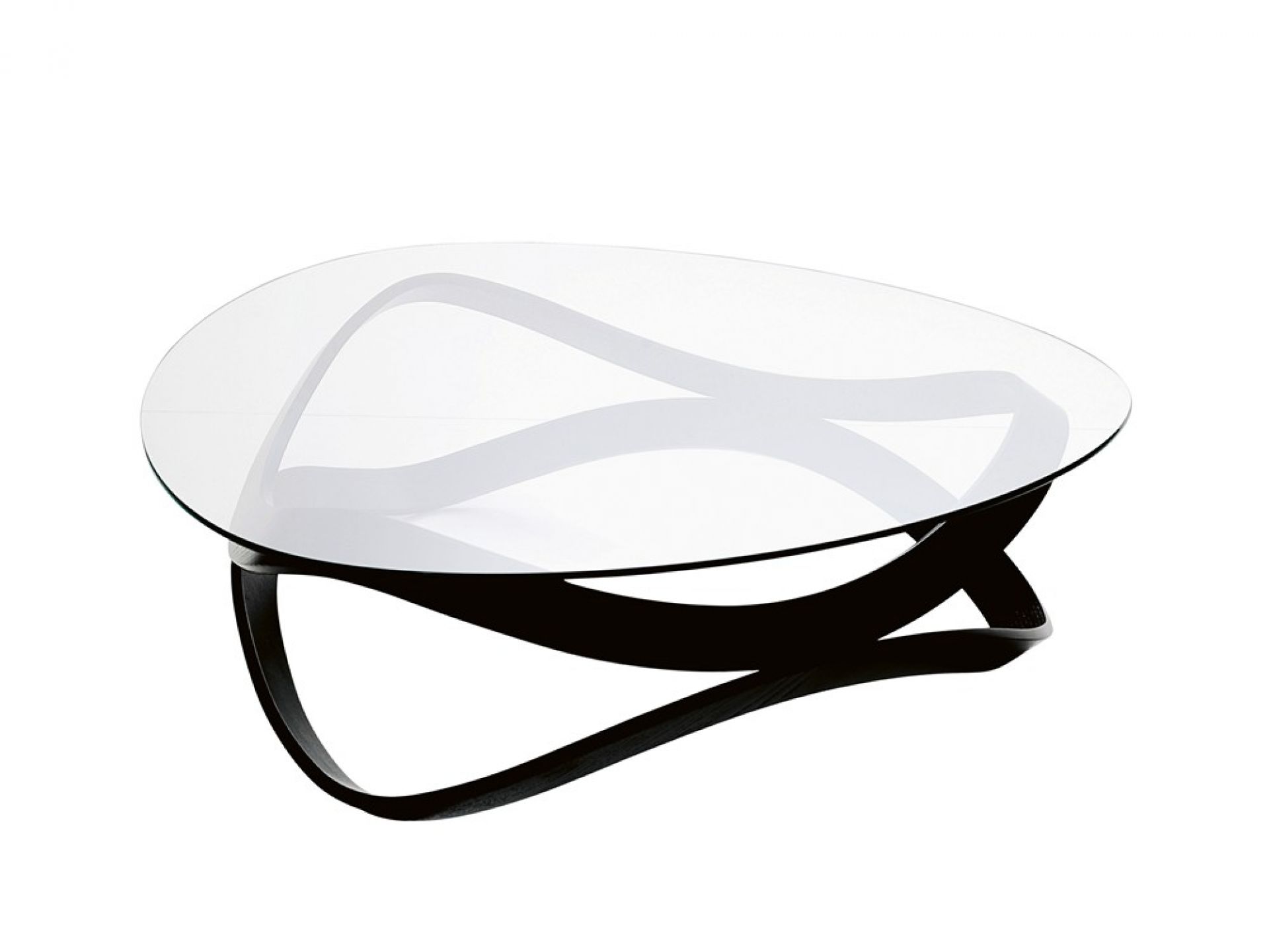 Newton Sofatisch von Karl Andersson & Soener mit runder Glasplatte und schwarzem Holzgestell.