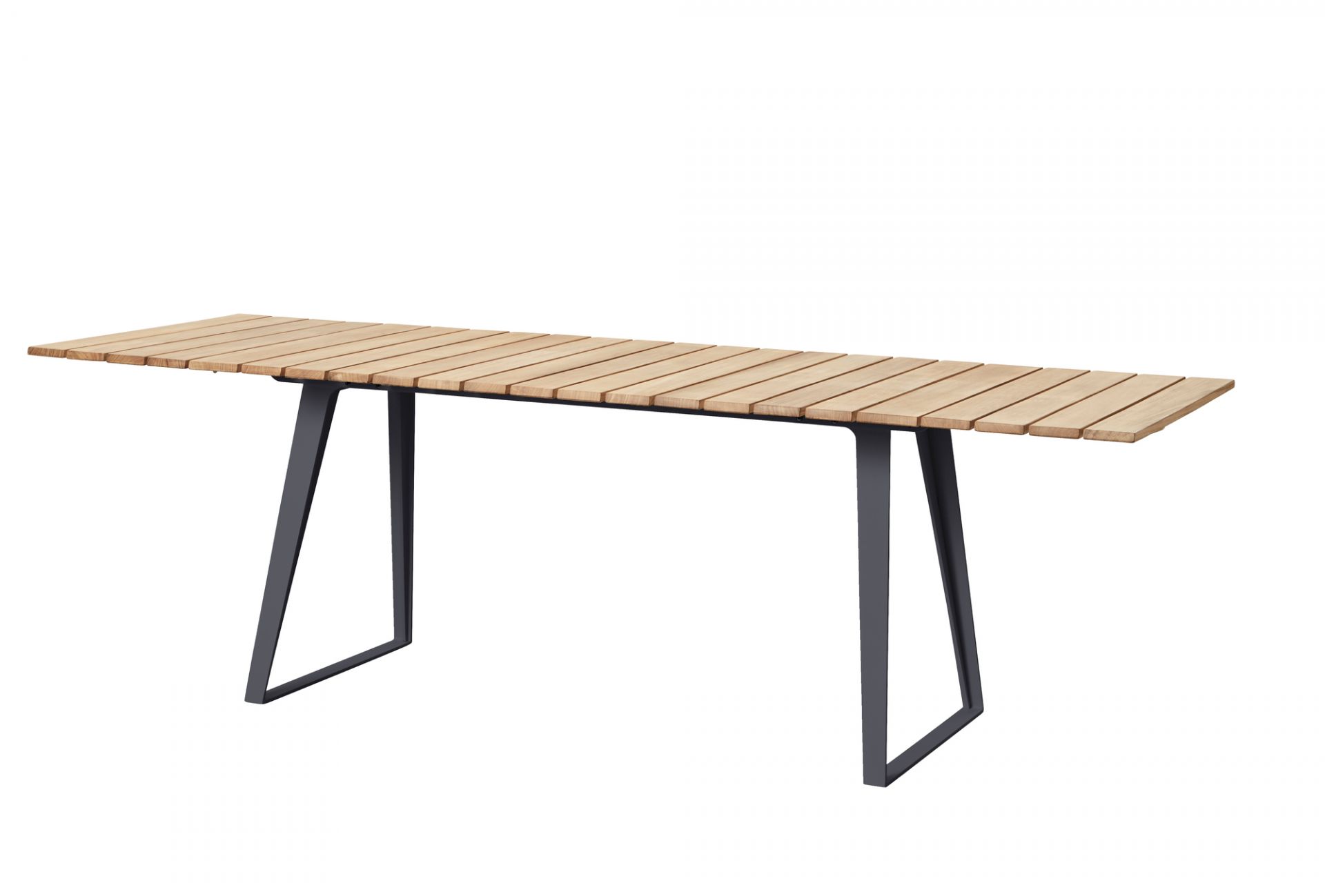 Cane-Line Esstisch aus Teakholz für den Außenbereich mit modernem, geradlinigem Design und grauem Gestell.