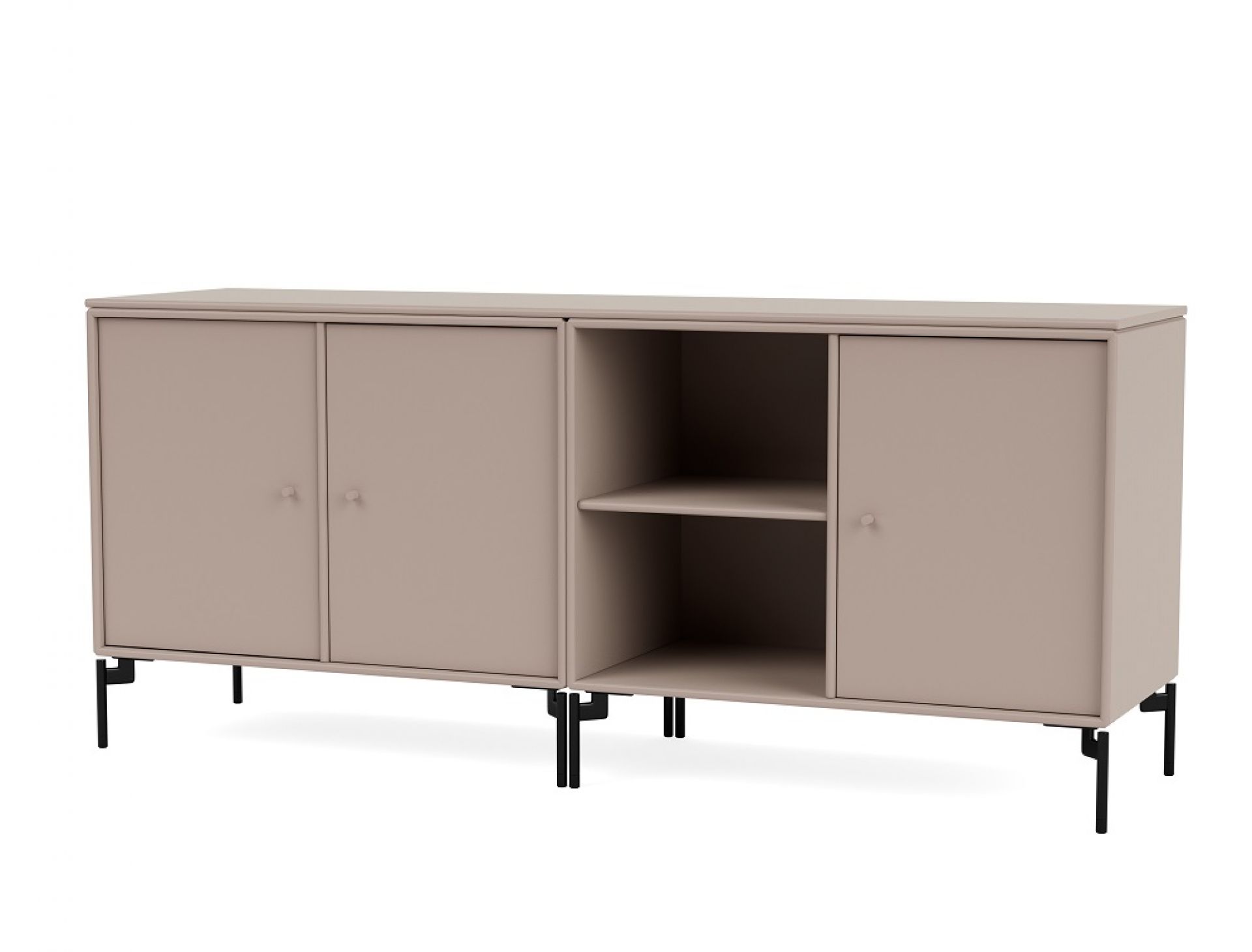 Beige Save Sideboard Low A von Montana mit schwarzen Füßen und Fächern.