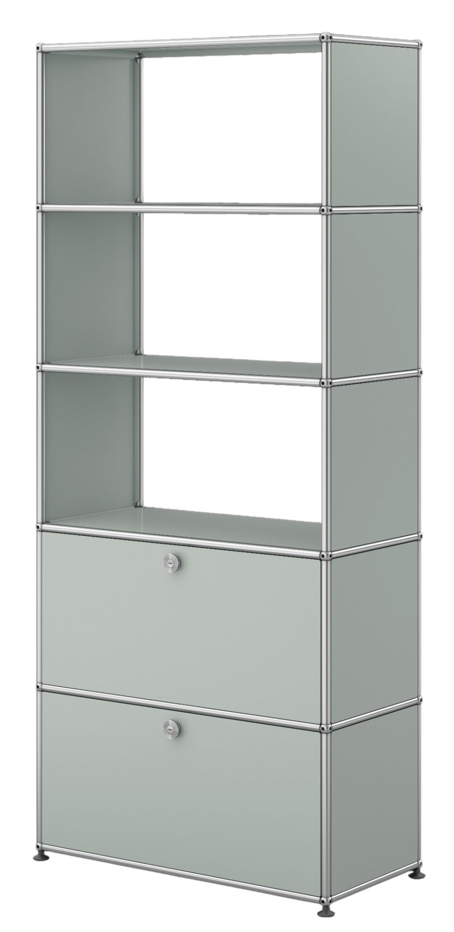 USM Haller Regal in Lichtgrau mit zwei Klappen, modulare Aufbewahrungslösung für Büro und Wohnraum.