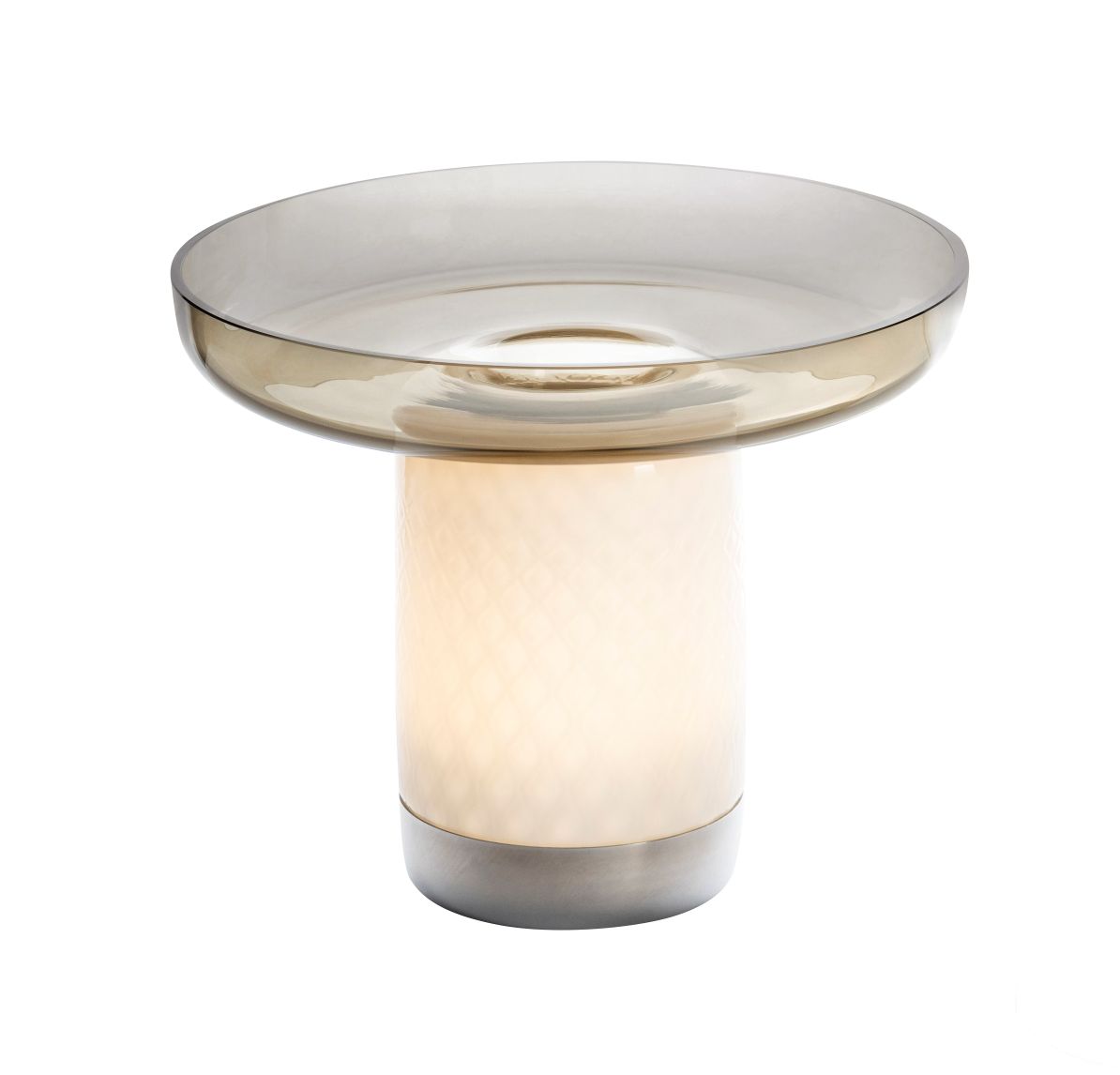 Bontà Akkuleuchte von Artemide: Graue Tischleuchte mit Platte und warmem Licht für stimmungsvolle Beleuchtung.