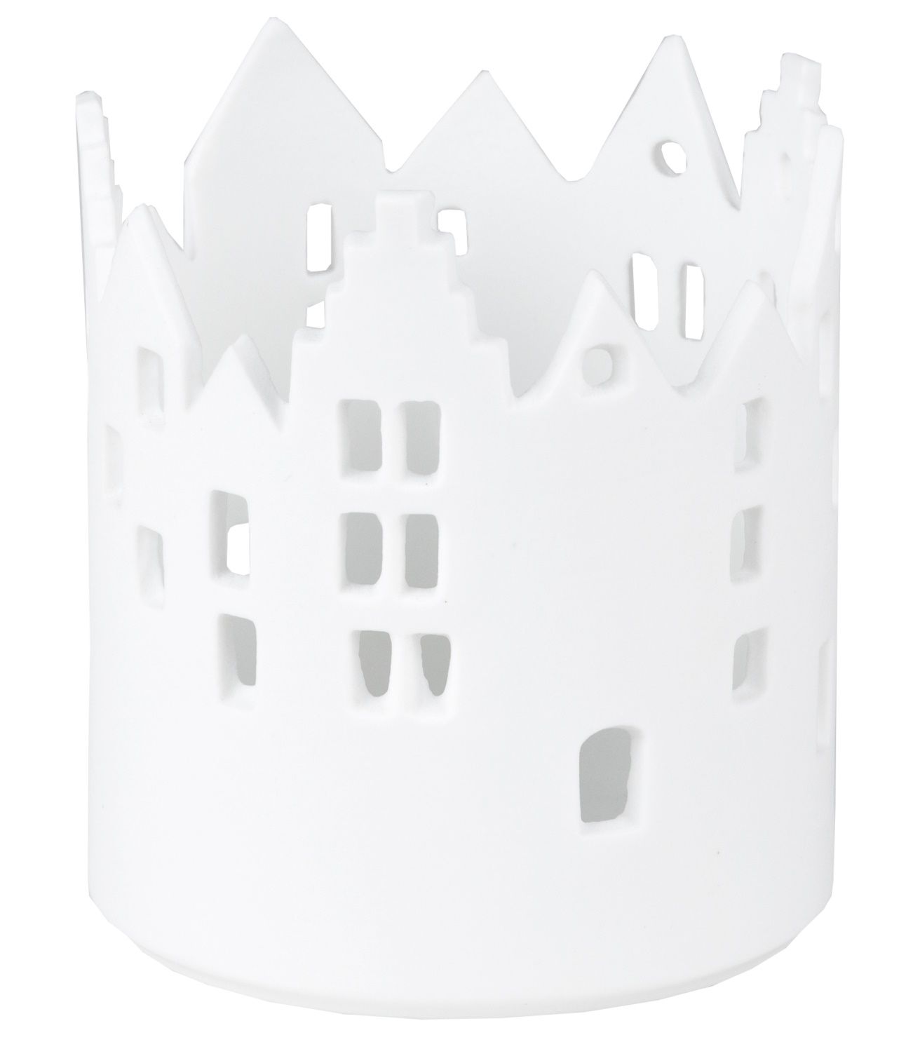 Weißes Räder Lichthaus aus Porzellan mit ausgestanzten Hausmotiven für stimmungsvolle Beleuchtung.