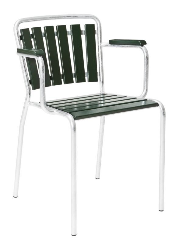 Haefeli Sessel Outdoor Embru: Grüner Gartensessel mit Armlehnen und silberfarbenem Metallgestell.