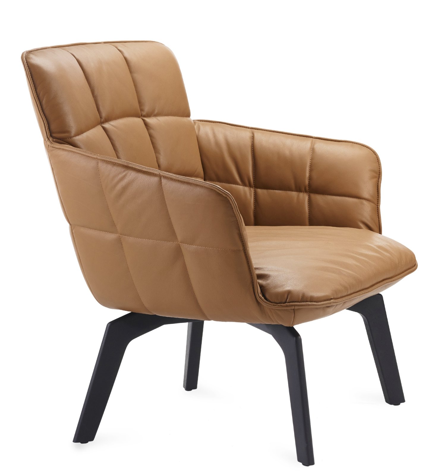 Marla Sessel: Gepolsterter Ledersessel in Braun mit schwarzem Fußgestell, moderner Loungesessel für Wohnzimmer.