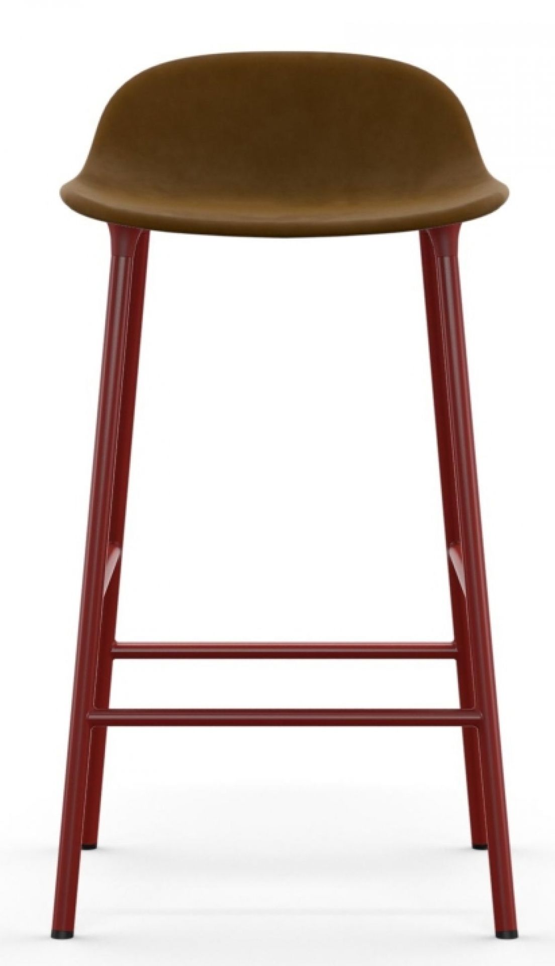 Normann Copenhagen Form Barstool: Gepolsterter Barhocker mit braunem Sitz und rotem Stahlgestell, Höhe 65 cm.