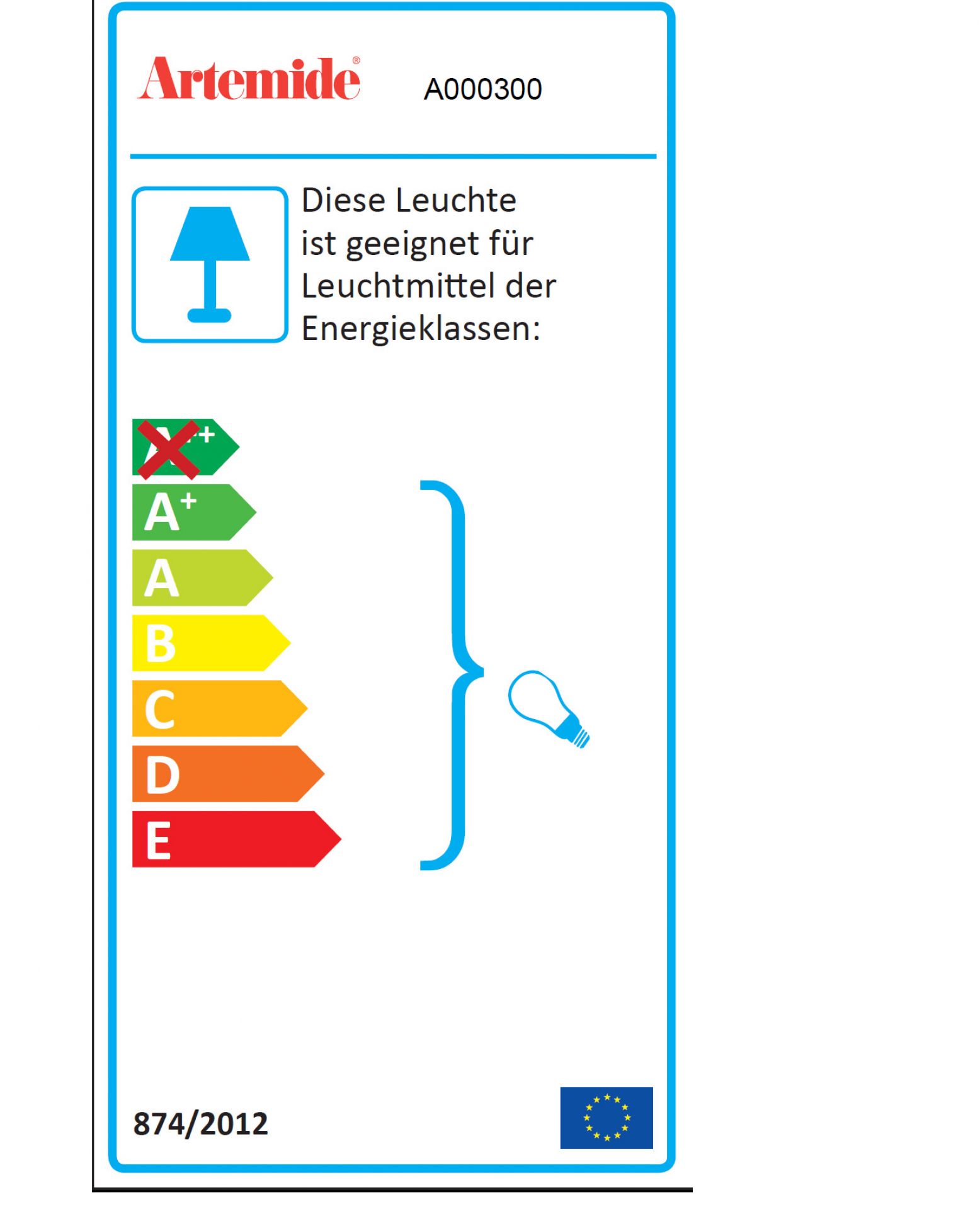 Energieeffizienzlabel für Artemide Leuchten, geeignet für Leuchtmittel der Energieklassen A++ bis E.