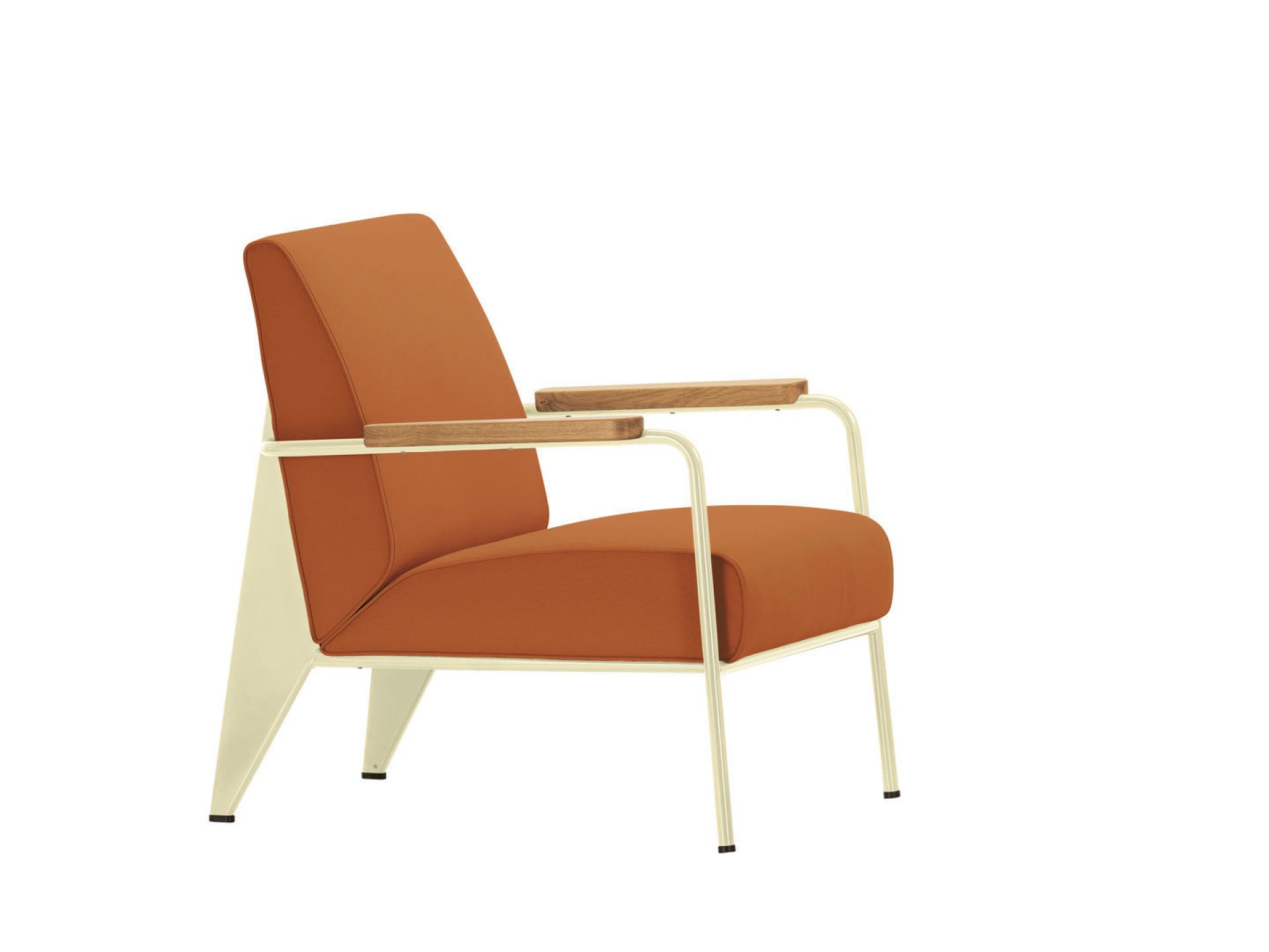 Vitra Sessel mit orangefarbenem Bezug und Holzarmlehnen, moderner Design Sessel für Wohnzimmer.