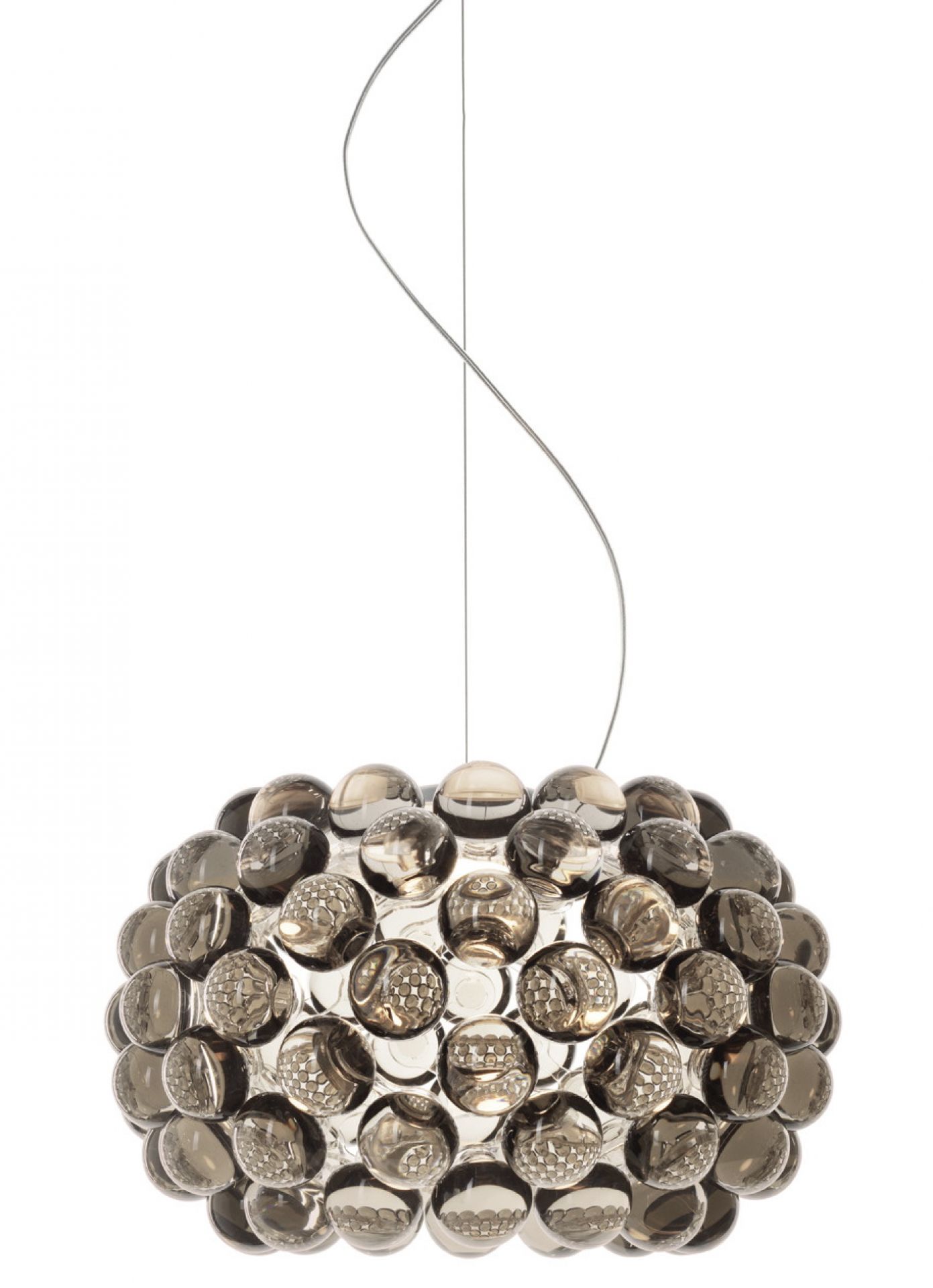 Graue Caboche Pendelleuchte von Foscarini: Moderne Designerlampe mit transparenten Kugeln für stilvolle Beleuchtung.