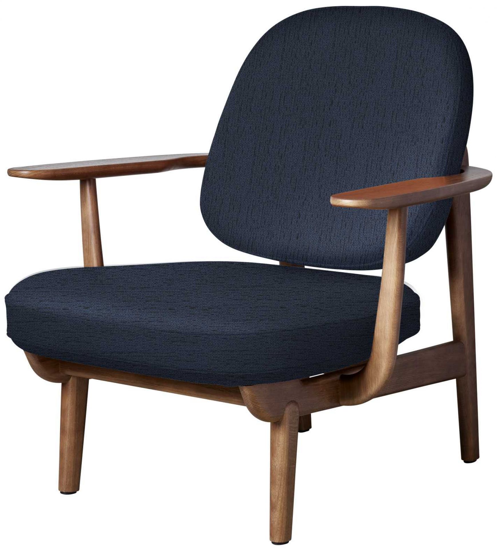 Fred Loungesessel von Fritz Hansen: Blauer Sessel mit Holzgestell für stilvolles Wohnen und Entspannung.