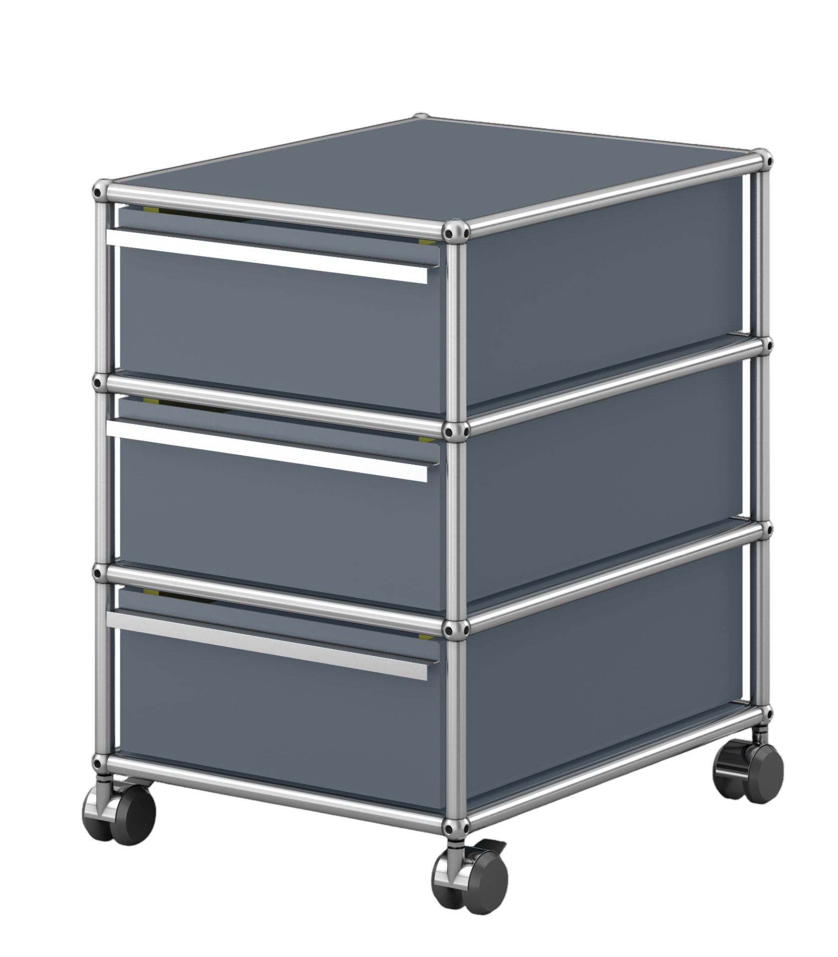 USM Haller Rollcontainer in Mittelgrau mit drei Schubladen und silbernem Gestell auf Rollen.