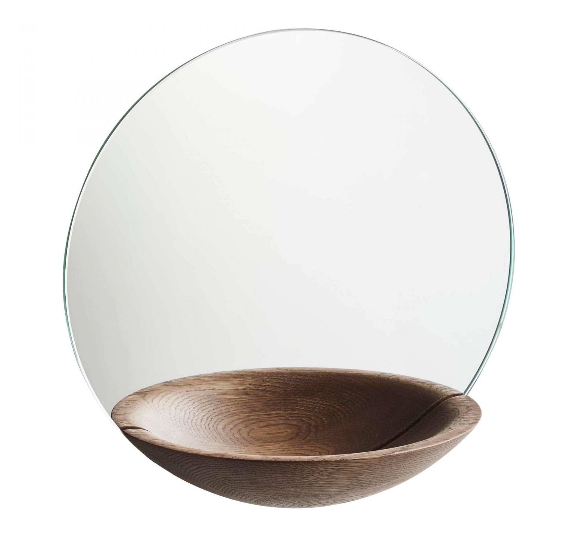 Pocket Mirror Wandspiegel: Großer, runder Spiegel mit dunkler Holzschale als Ablage, modernes Design.