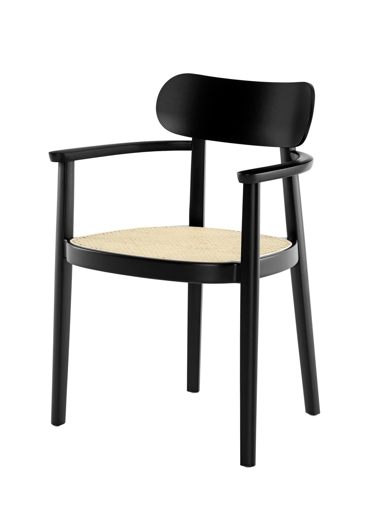 Schwarzer Holzstuhl mit Armlehnen und Wiener Geflecht Sitzfläche, Modell 118 FV von Thonet.