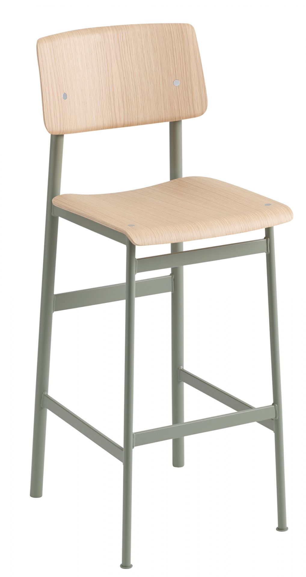Muuto Loft Counter Stool: Barhocker mit Holz-Sitzfläche und Rückenlehne, grauem Metallgestell, Höhe 75 cm.