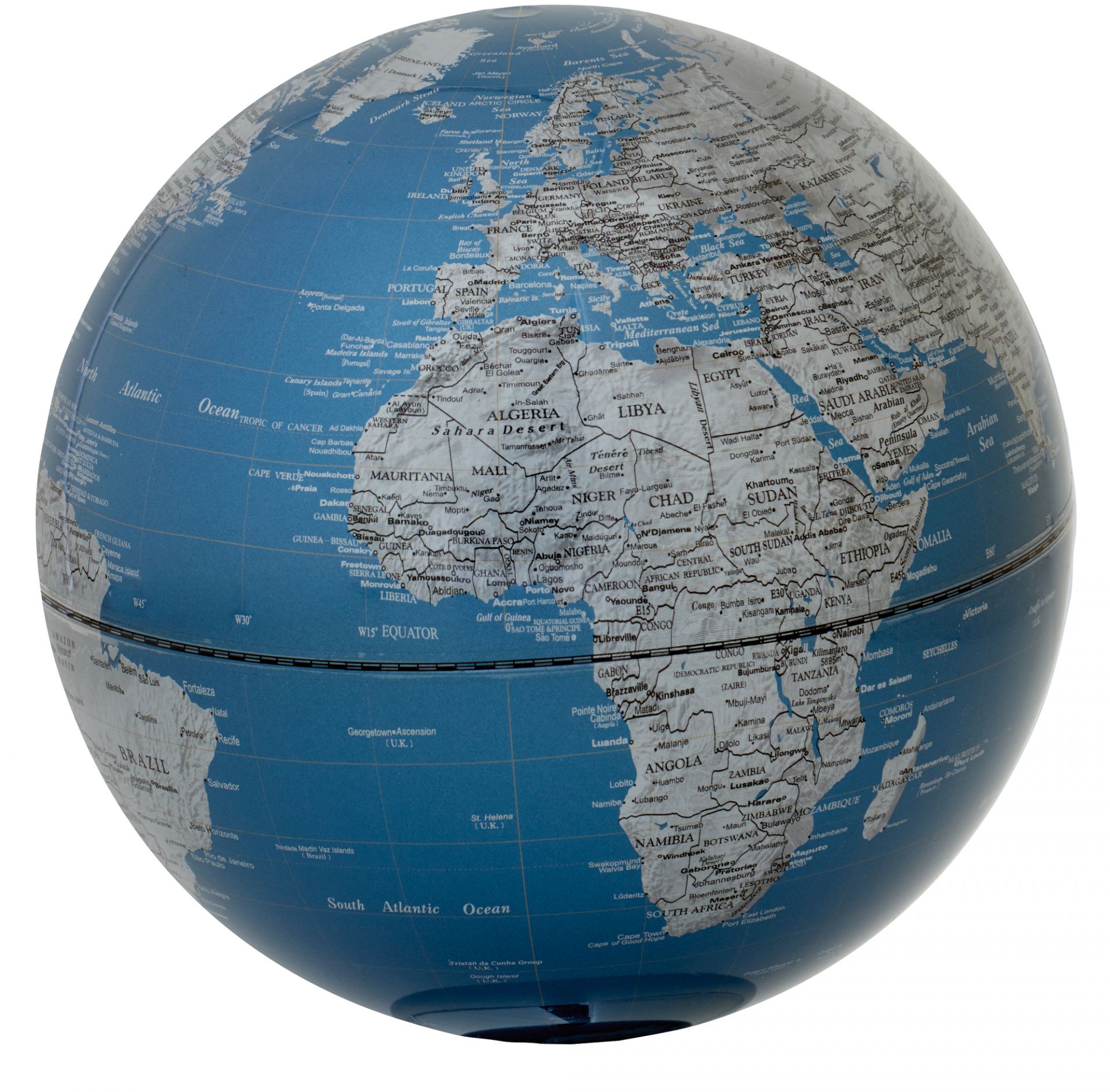 Blauer Platon Tischglobus von Emform. Dekorativer Globus mit Weltkarte für Büro und Zuhause.
