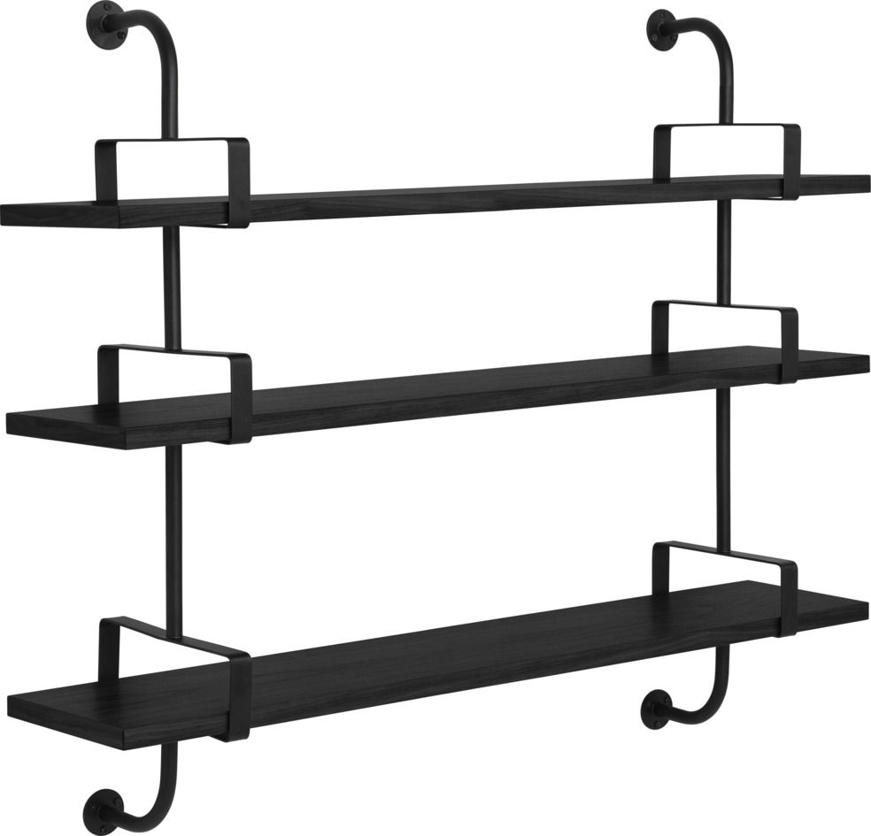 Schwarzes Démon Shelf Regal mit drei Ebenen und minimalistischem Design für die Wandmontage.