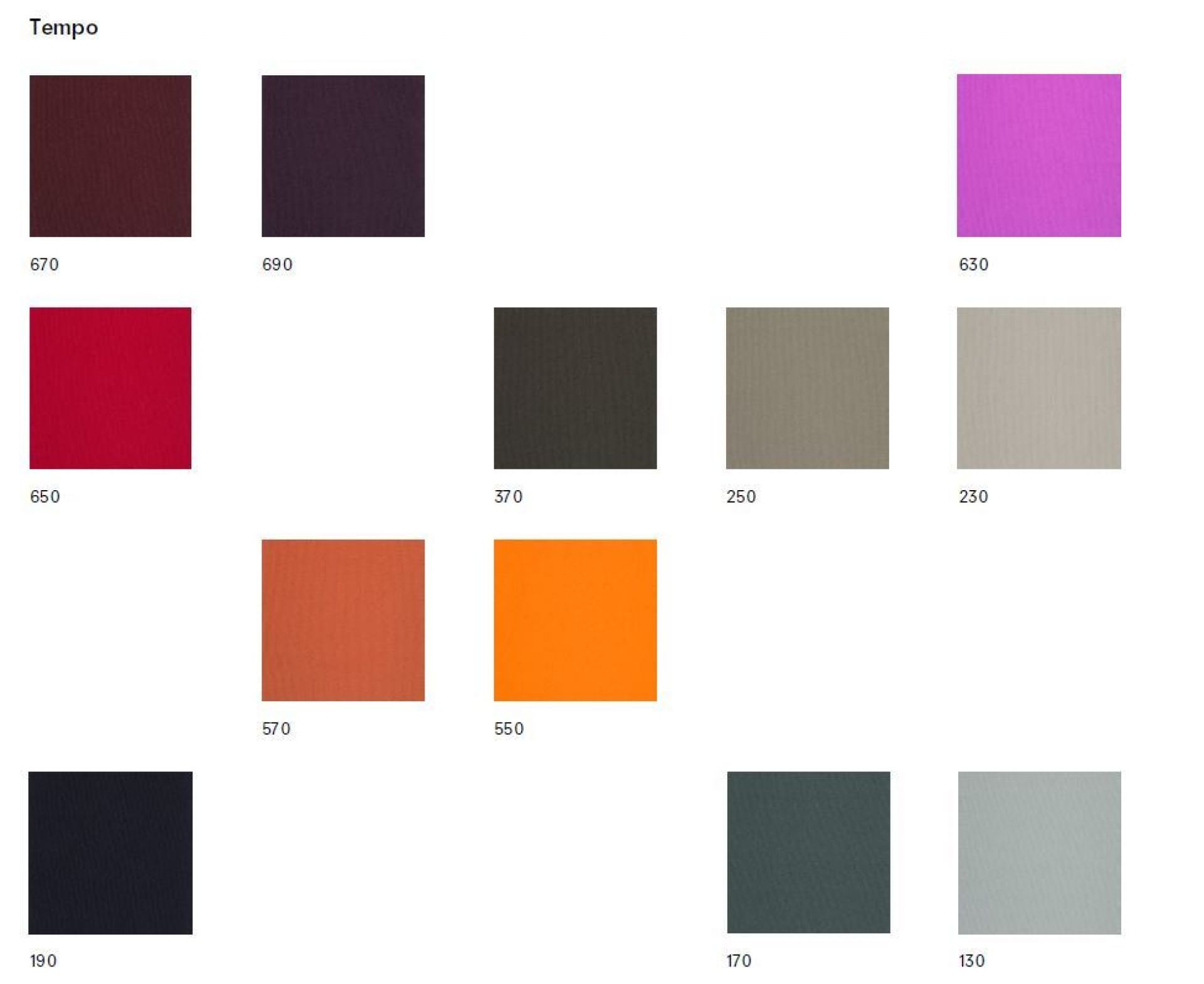 Stoffmusterkarte Tempo von Kvadrat: Übersicht der verschiedenen Stofffarben und Texturen für Möbelstoffe.