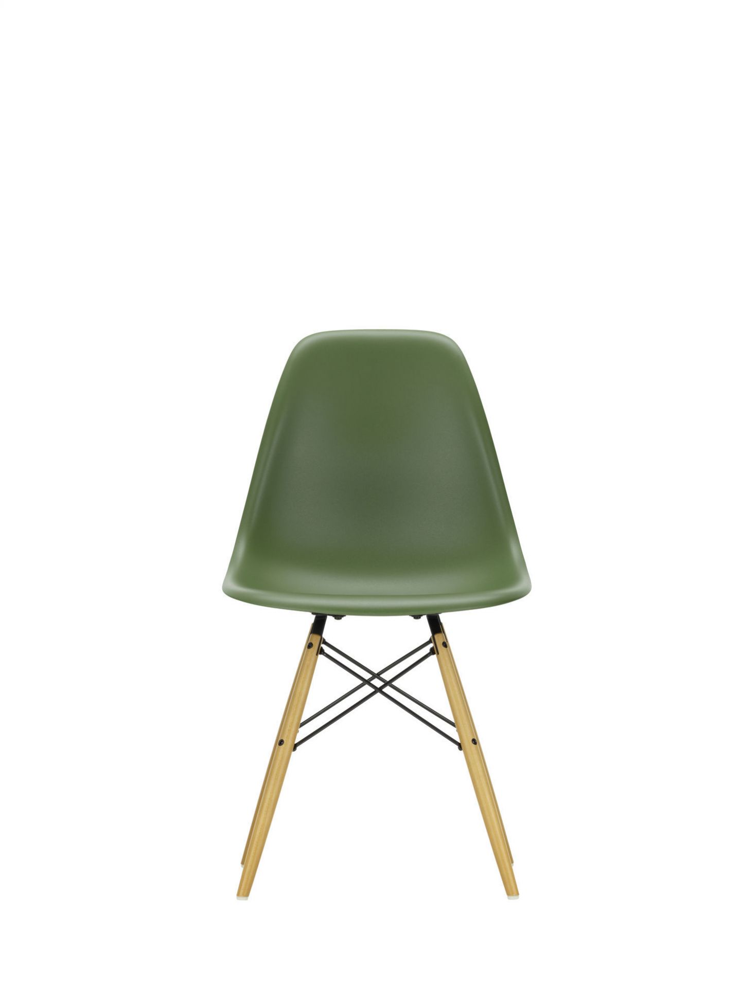 Eames Plastic Side Chair DSW, olivgrüner Stuhl mit honigfarbenem Holzgestell von Vitra.