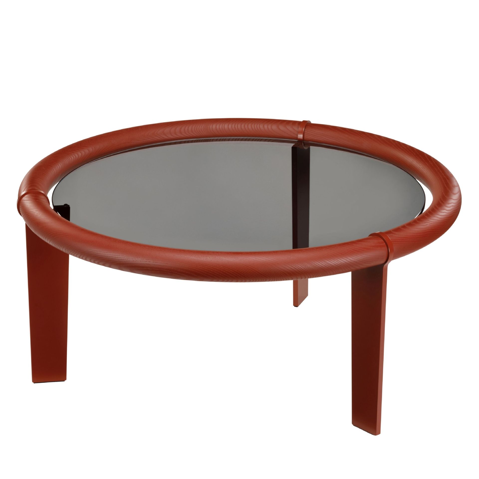 Roter Boia Couchtisch mit runder Glasplatte und Holzrahmen für modernes Wohnzimmer.