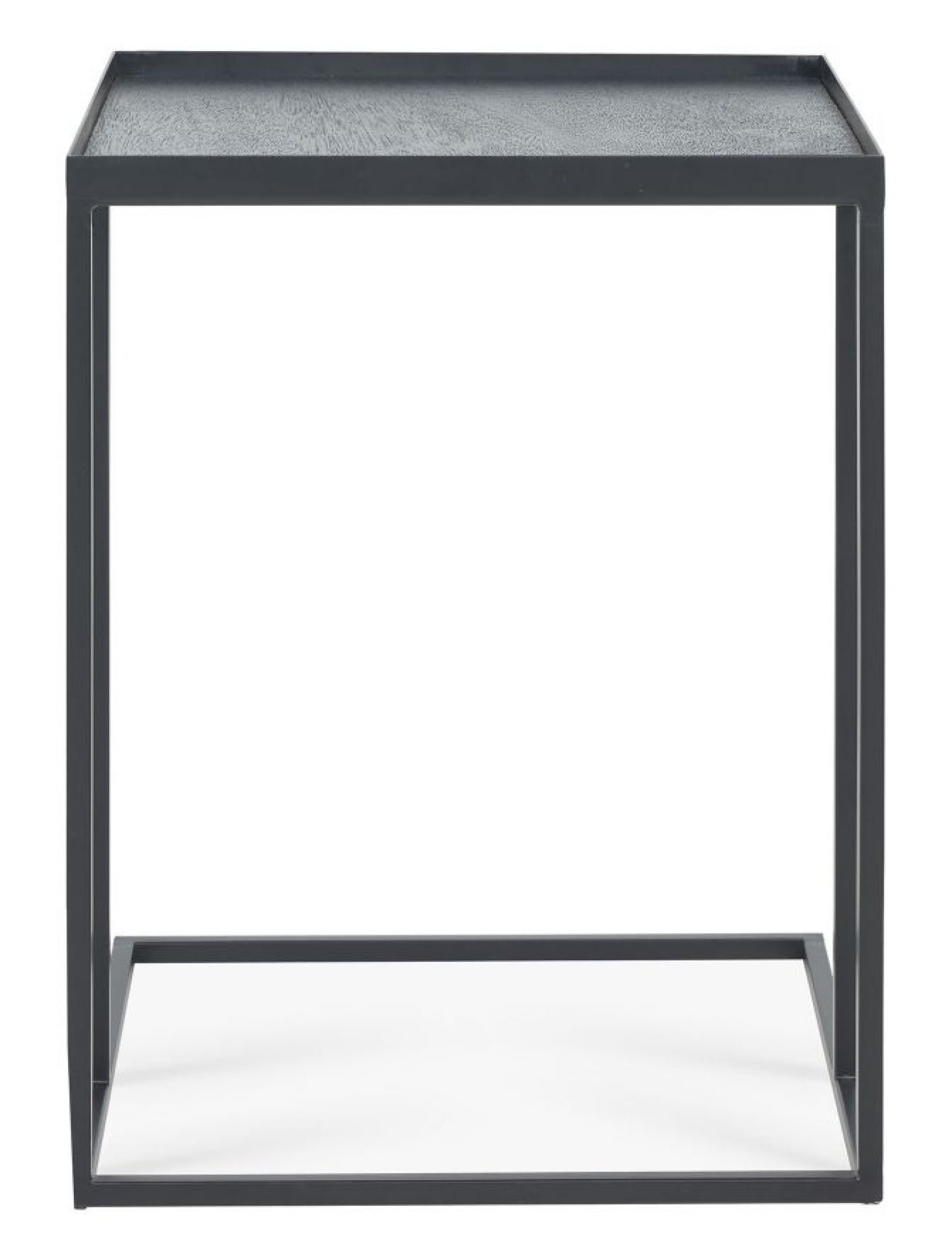 Quadratischer, niedriger Couchtisch von Ethnicraft mit schwarzem Metallgestell und Holzplatte. Moderner Beistelltisch für Wohnzimmer.