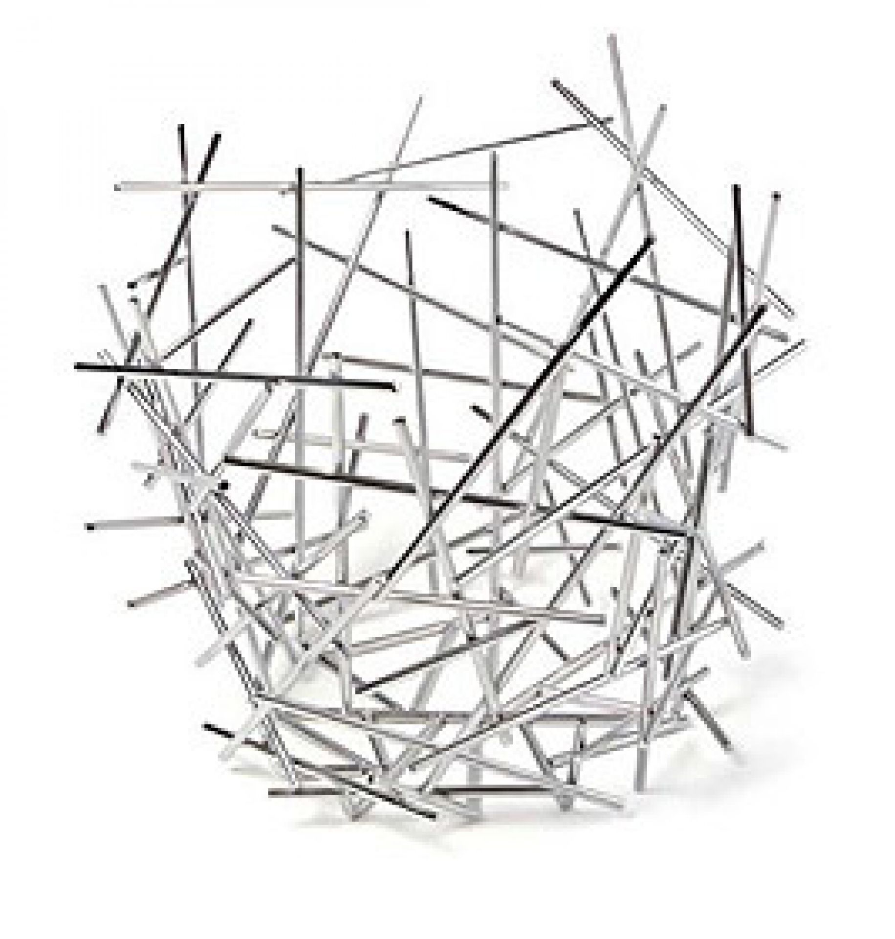 Alessi Blow Up Zitruskorb: Moderner, silberner Obstkorb aus Edelstahlstäben, abstraktes Design für Küche und Esstisch.