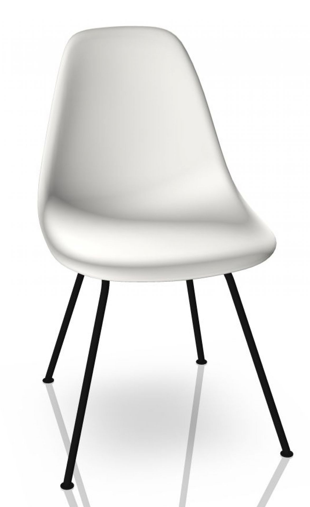 Weißer Eames Plastic Side Chair DSX Stuhl von Vitra mit schwarzem Metallgestell. Designklassiker Stuhl.