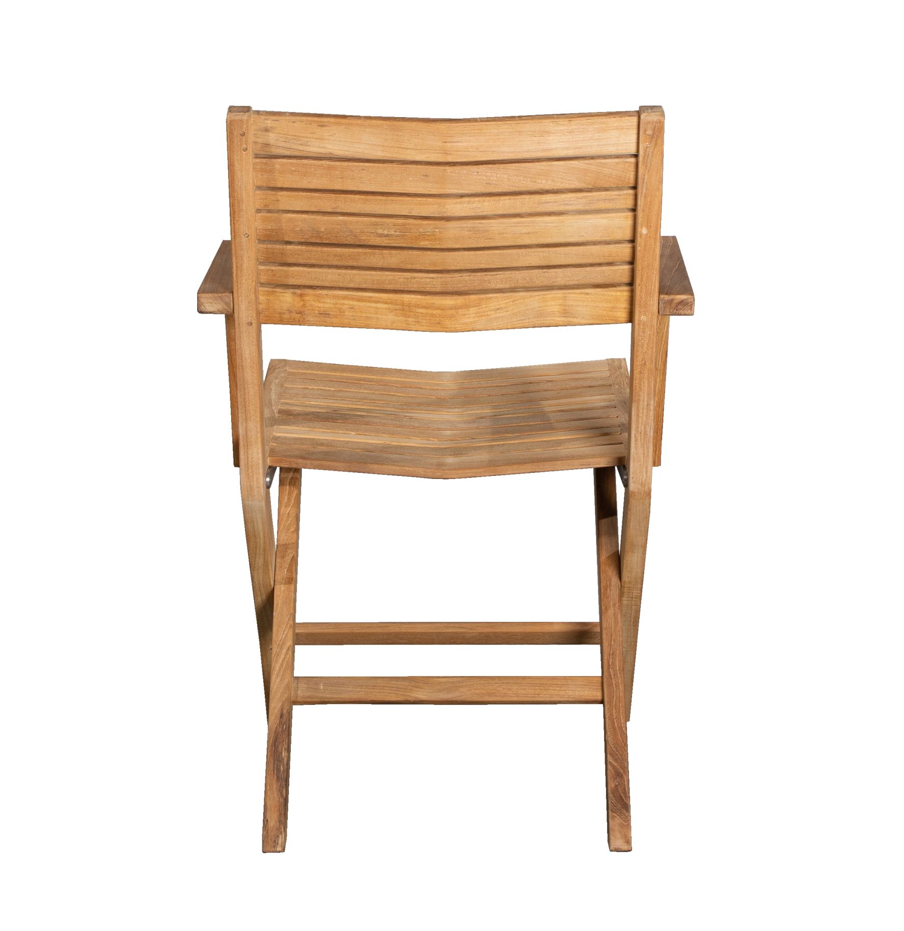 Rückansicht des Cane-Line Flip Armlehnstuhls aus Teakholz für den Garten und die Terrasse.