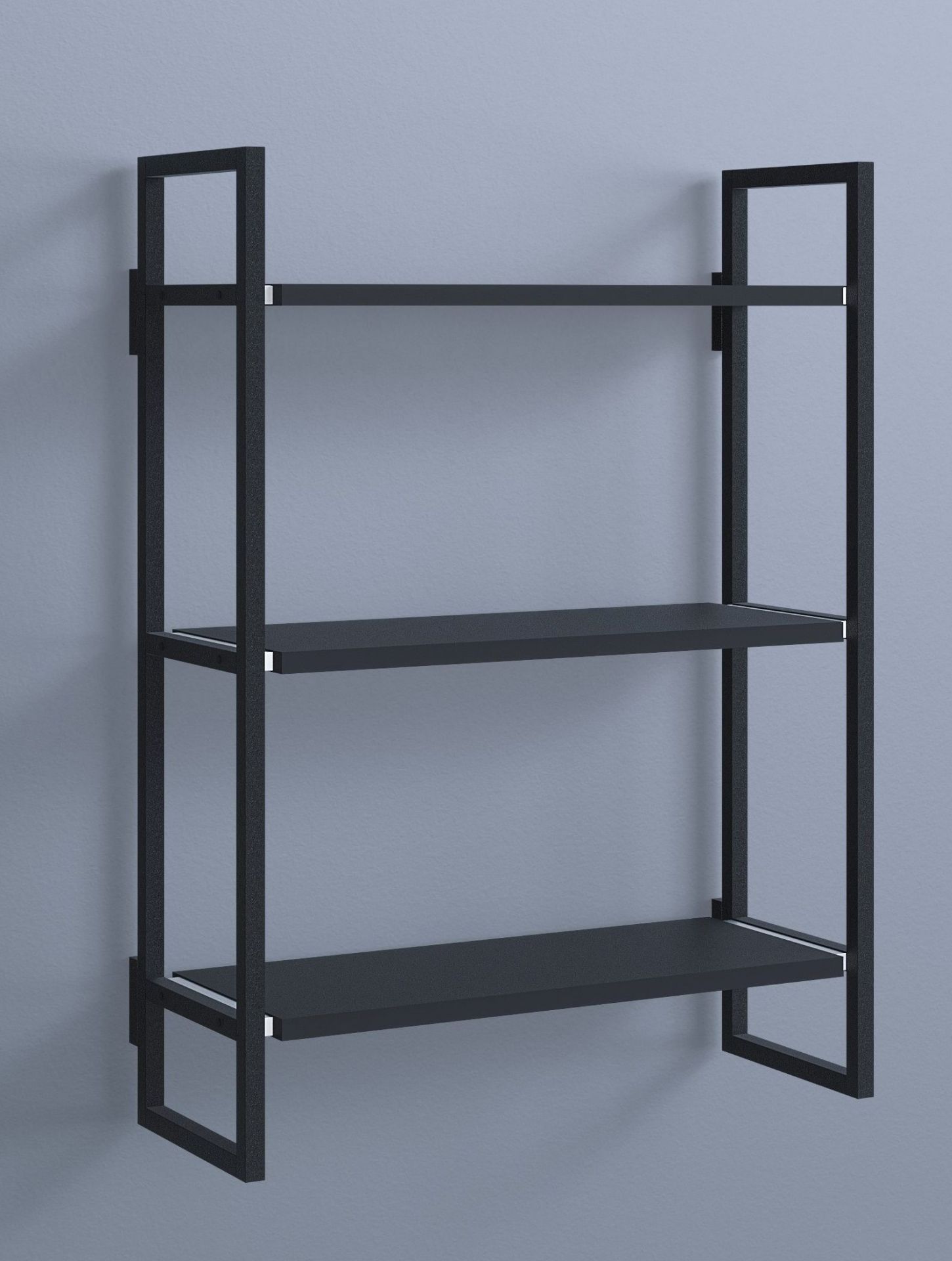 Schwarzes Oncono Wandregal Grundmodul B mit drei Ablageflächen vor grauer Wand.