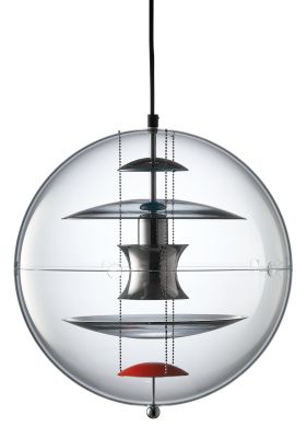 VP Globe Pendelleuchte von Verpan mit transparentem Glas, filigranen Ketten und farbigen Reflektoren.